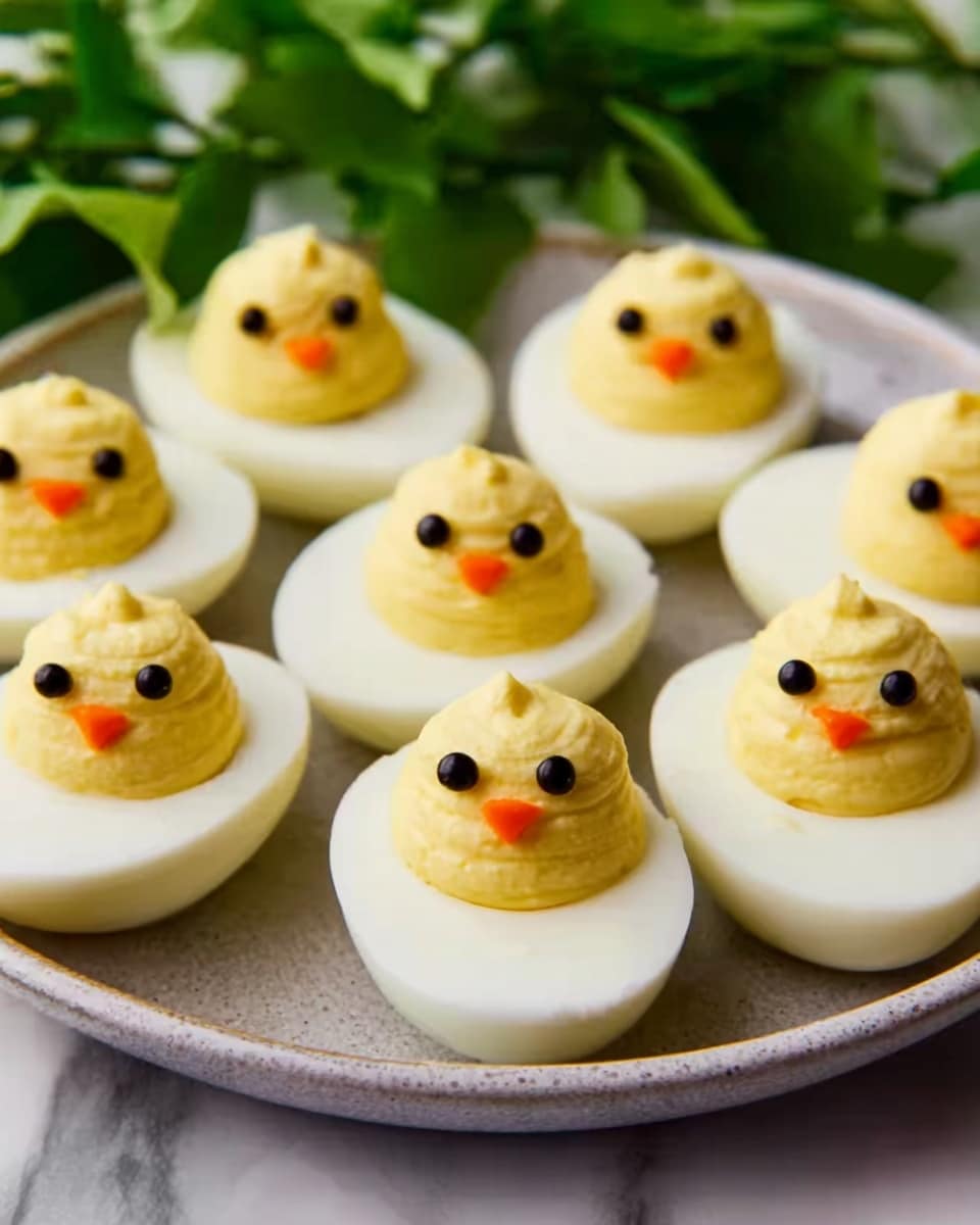 A white plate is filled with two layers of deviled eggs designed to look like small yellow chicks. The bottom layer is white egg white halves, smooth and shining, each holding a mound of light yellow creamy yolk mixture with a slightly textured surface. On top of the yolk, two small dark round pieces form eyes, and a small orange piece forms a triangular beak, making each egg look like a cute chick face. The plate sits on a white marbled surface with fresh green leaves blurred in the background. photo taken with an iphone --ar 4:5 --v 7