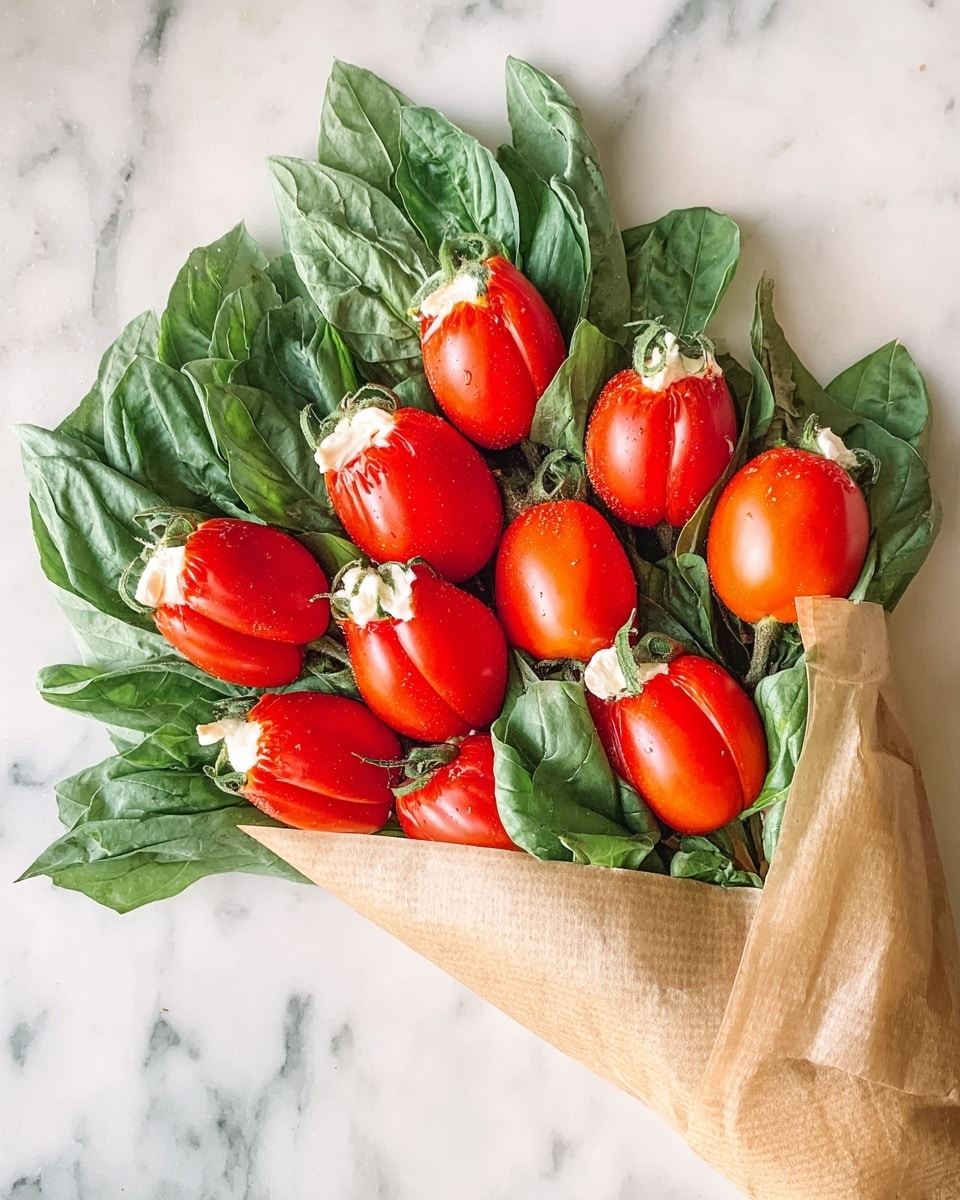 A bouquet of red tomatoes with bright green leaves wrapped in light brown paper. Each tomato is cut slightly open and filled with white cream or cheese, with light seasoning visible on top. The green leaves beneath the tomatoes are fresh and vibrant, and all elements rest on a white marbled surface. photo taken with an iphone --ar 4:5 --v 7