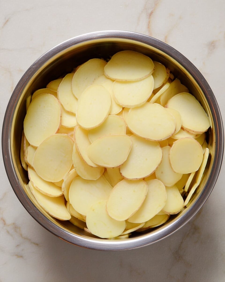 A round metal bowl filled with one thin layer of peeled, sliced potatoes. The potato slices are pale yellow and light cream in color, smooth in texture, with some slices oval and others slightly round, overlapping gently inside the bowl. The bowl is placed on a white marbled surface. photo taken with an iphone --ar 4:5 --v 7