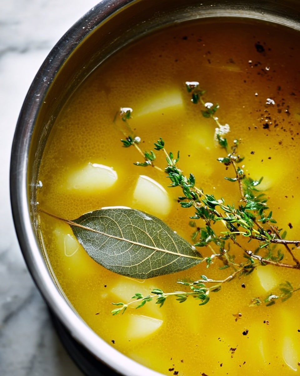 A close-up view of a shiny metal pot filled with a yellow broth containing small, light yellow potato pieces floating inside. On the surface, there is a single large bay leaf and a small bunch of fresh green thyme resting gently. The broth has a smooth texture with tiny black pepper specks visible throughout. The pot is sitting on a white marbled surface photo taken with an iphone --ar 4:5 --v 7