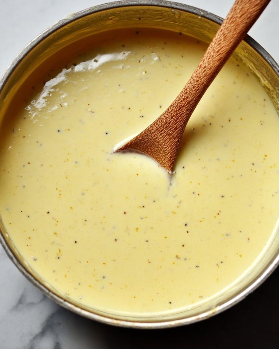 The image shows a close-up view of a metal pot filled with a smooth, creamy, pale yellow sauce with small specks of black seasoning scattered throughout. A wooden spoon stands upright in the center, partially immersed in the sauce, showing a gentle swirl and thick texture. The background features a white marbled surface. photo taken with an iphone --ar 4:5 --v 7