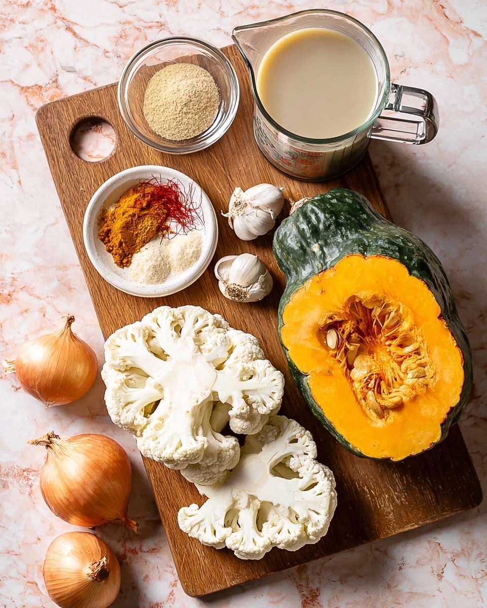 A wooden cutting board sits on a white marbled surface with several ingredients arranged on it. On the right side of the board, there is a large piece of dark green-skinned pumpkin with bright orange flesh visible on the inside, showing some seeds. In front of the pumpkin, there are two thick slices of white cauliflower with a smooth texture and visible stem patterns. To the left of the cauliflower are three garlic cloves, some whole and some peeled. Below the board, on the white marbled surface, two whole golden brown onions with papery skins rest. Above the board, a small white bowl holds two piles of powdered spices, one orange and one light beige, and next to it is a small clear glass bowl with thin saffron strands. To the left of the board, a clear glass measuring cup filled with a light beige liquid sits, and behind the board, there is an open can filled with white coconut milk. Photo taken with an iphone --ar 4:5 --v 7