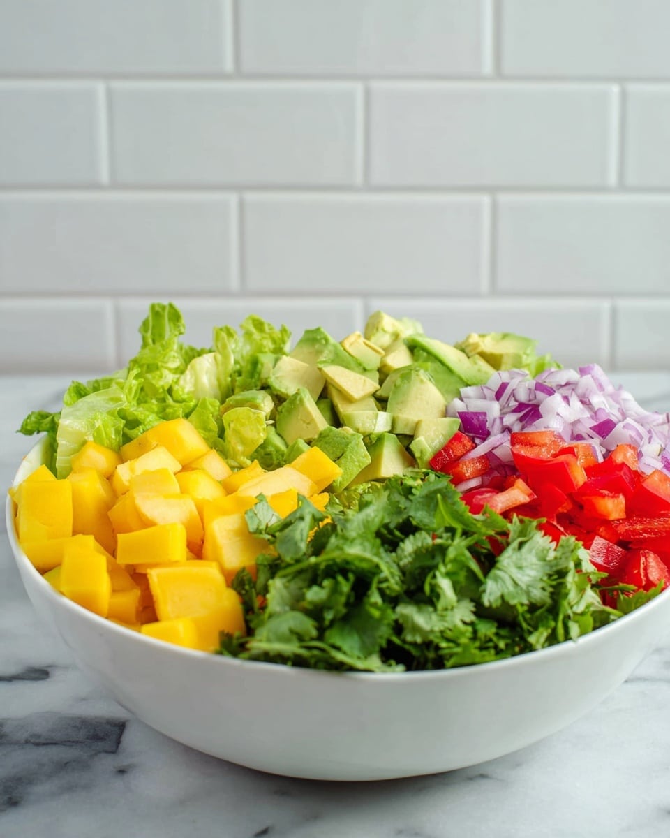 A white bowl filled with six colorful layers of fresh chopped ingredients, arranged separately. Starting from the back left, there are bright yellow mango cubes, followed by green leafy lettuce and light green avocado chunks. Next to the avocado, there are deep green cilantro leaves. On the front right side, there are bright red bell pepper pieces and finely chopped purple onion. The bowl sits on a white marbled surface with a white brick wall background. Photo taken with an iphone --ar 4:5 --v 7