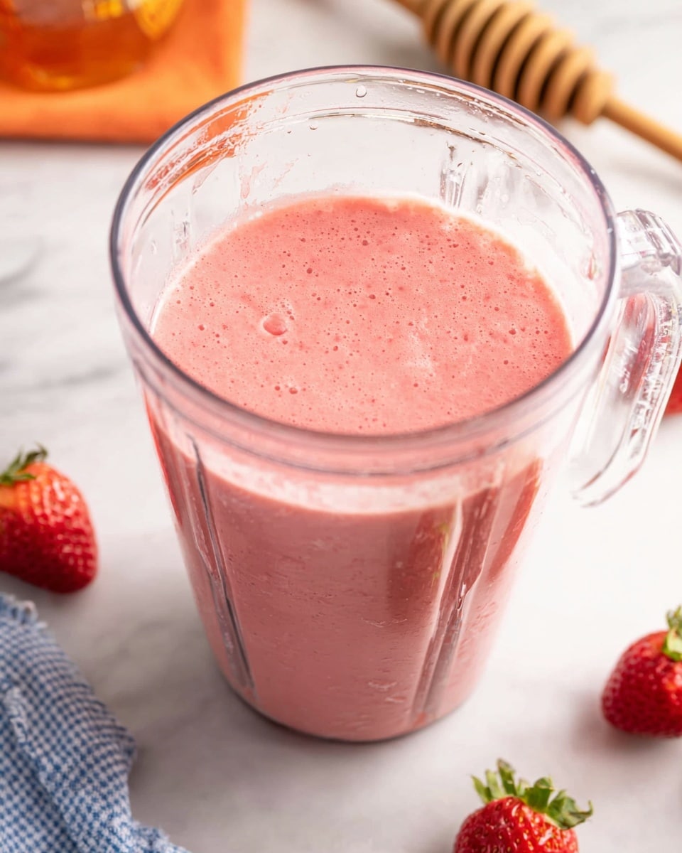 A close-up view of a clear glass blender with a thick, smooth pink mixture inside that fills about one-third of the blender's height. The mixture has small bubbles on the surface and light frothy streaks along the glass interior. The blender sits on a white marbled surface with scattered fresh whole strawberries and a wooden honey dipper nearby. A corner of an orange napkin and a blue and white checkered cloth are partially visible in the background. Photo taken with an iphone --ar 4:5 --v 7