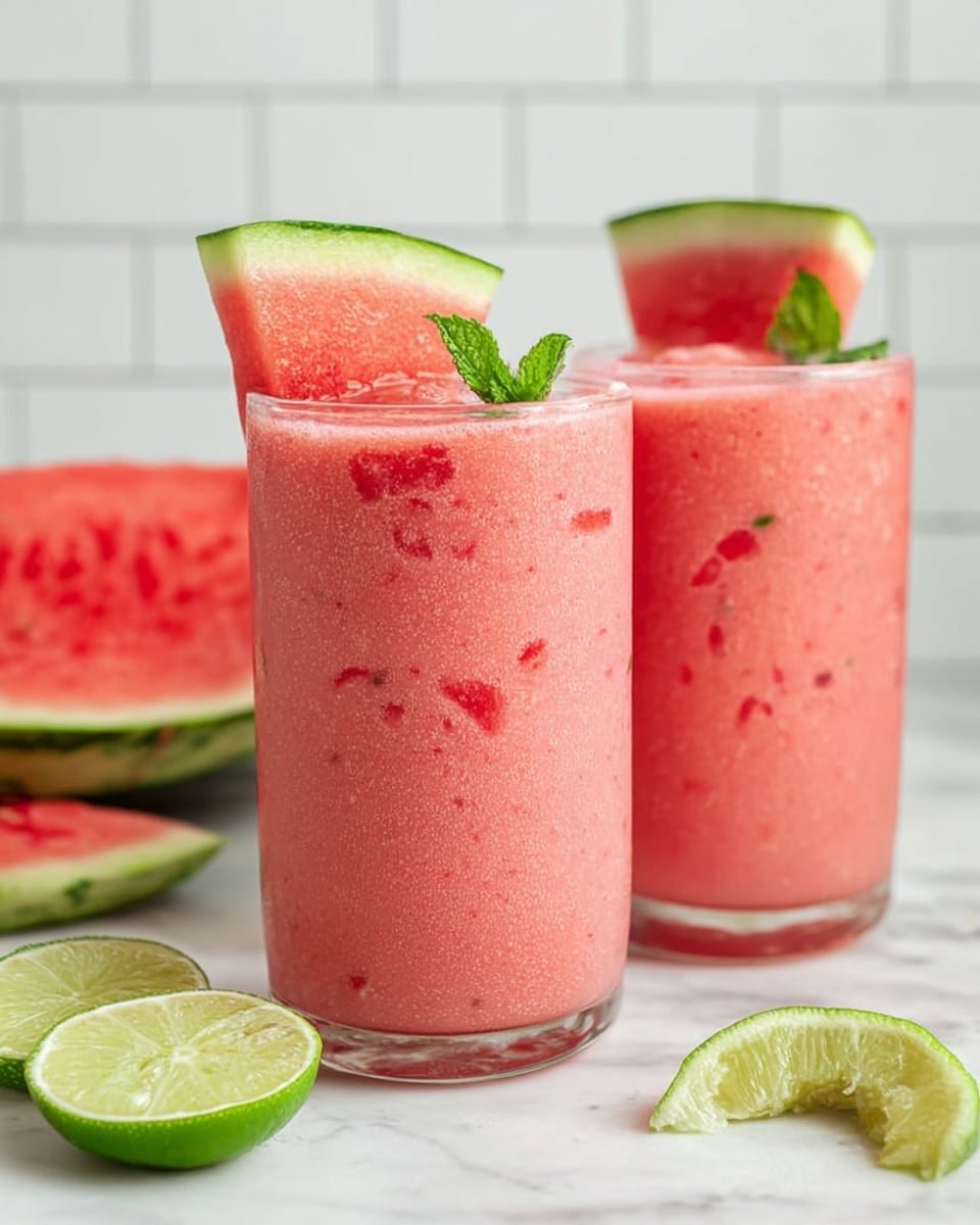 Two clear glasses filled with a thick pink watermelon smoothie with small red bits inside. Each glass has a triangular slice of watermelon with green rind on top, along with a small green mint leaf. The glasses are placed on a white marbled surface with a few lime wedges in front and half a watermelon with red inside and green rind behind. The background shows white subway tiles. photo taken with an iphone --ar 4:5 --v 7