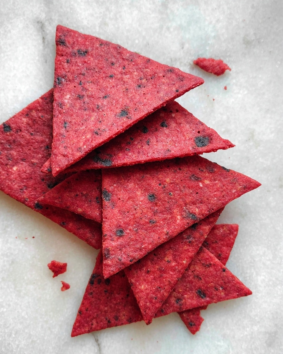 The image shows several triangular red crackers stacked slightly on top of each other in a messy layout. The crackers have a rough texture with small black and dark spots spread over their surface. There are a few crumbs scattered around the crackers. The background is a white marbled texture. photo taken with an iphone --ar 4:5 --v 7