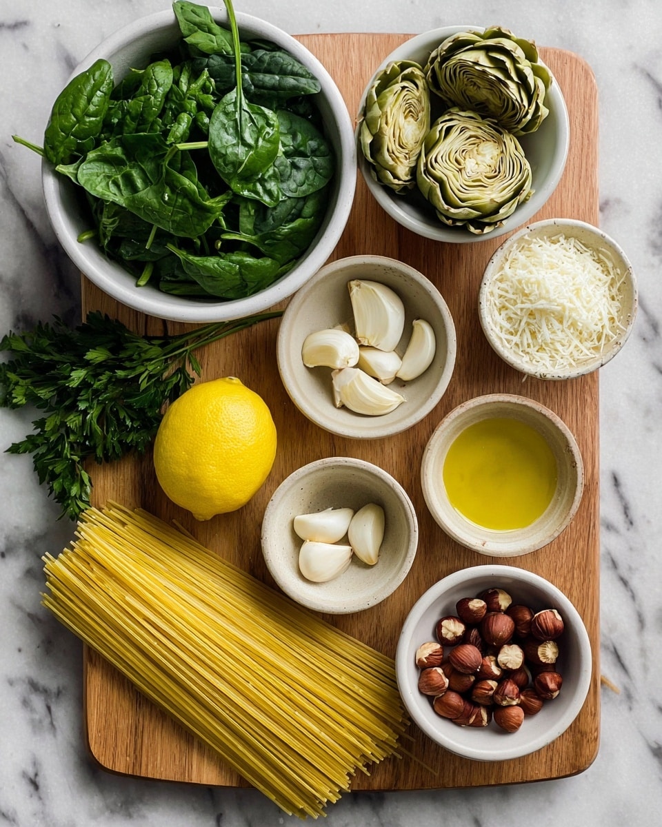 The image shows a top-down view of several ingredients laid out on a wooden cutting board placed over a white marbled surface. There are seven elements: on the top left, a white bowl filled with fresh dark green spinach leaves; to the right, a white bowl filled with curly parsley; below the parsley, a white bowl with pale green artichoke hearts stacked in two layers; in the center left, a whole bright yellow lemon resting directly on the board; below the lemon, a bundle of uncooked yellow spaghetti noodles spread out in a neat line; below the spaghetti, a small beige bowl containing three white garlic cloves; next to the garlic, a small white bowl with golden olive oil; to the right of the olive oil, a white bowl full of brown hazelnuts; and finally, on the bottom right, a white bowl filled with finely shredded white cheese. Photo taken with an iphone --ar 4:5 --v 7