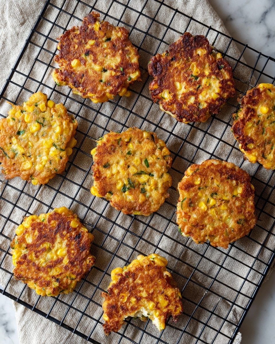 There are eight small, round corn fritters with uneven edges on a black cooling rack. Each fritter has a golden-brown crispy surface with visible pieces of yellow corn and green herbs mixed inside. The fritters show varied browning, some lighter and some darker, and one has a small bite taken out of it. The cooling rack is placed on a soft, beige cloth, all set on a white marbled surface. photo taken with an iphone --ar 4:5 --v 7
