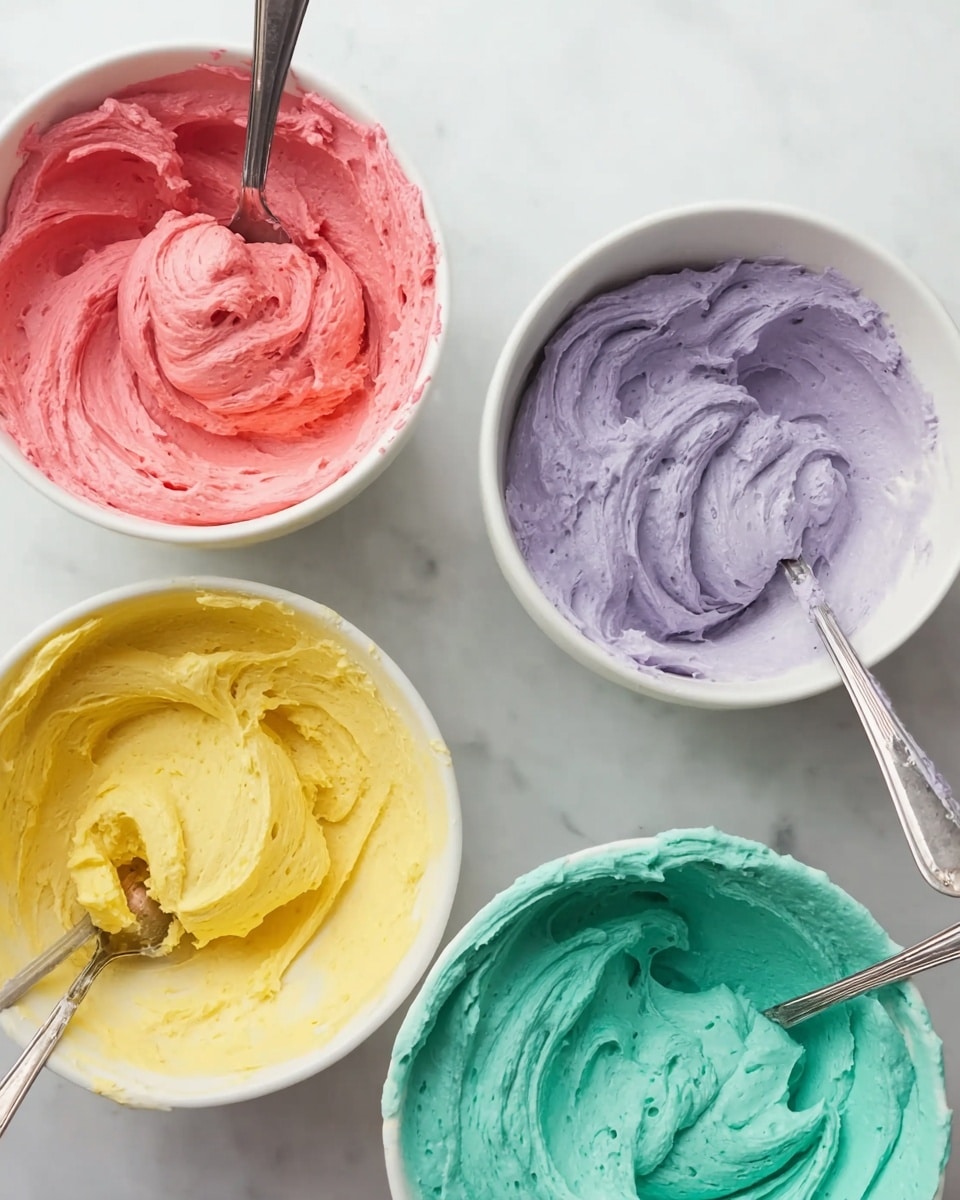 Four white bowls are shown on a white marbled surface, each filled with a thick, creamy frosting of different colors. The top left bowl holds bright pink frosting with a spoon standing upright inside it. The top right bowl contains lavender-colored frosting with a spoon in it. The bottom left bowl has yellow frosting with some smudges on the bowl’s edge and a spoon inside. The bottom right bowl is filled with teal frosting, also holding a spoon. All frostings have a smooth, swirled texture. photo taken with an iphone --ar 4:5 --v 7