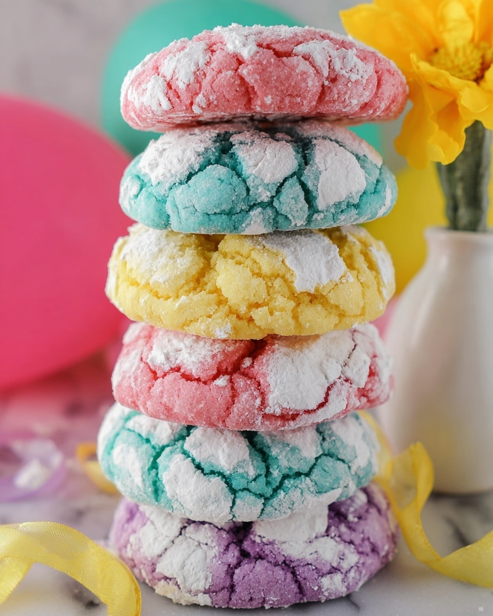 The image shows a tall stack of six colorful cookies with cracked white powdered sugar on top, arranged in layers from top to bottom as pink, blue, yellow, purple, pink, and blue. Each cookie has a rough, crinkled texture with the white powdered sugar unevenly spread over the vibrant colors, making them look soft and fresh. The stack is placed in front of a small white vase with a yellow flower, with some colorful balloons in the blurred background. The surface is a white marbled texture. Photo taken with an iphone --ar 4:5 --v 7