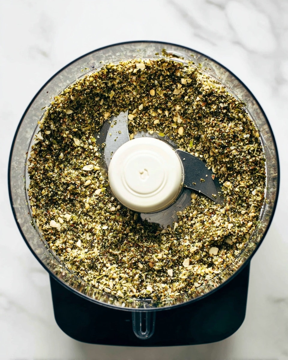 The image shows a close-up top view of a clear round food processor bowl filled with a coarse green and beige mixture, likely ground herbs and seeds, with visible small bits of green leaves and light-colored nuts or seeds mixed evenly throughout. The mixture covers the blade inside the bowl almost completely, with a white central cap and a small silver blade part sticking out slightly on the right side. The food processor base is black, and the bowl is placed on a surface with a white marbled texture. Photo taken with an iphone --ar 4:5 --v 7