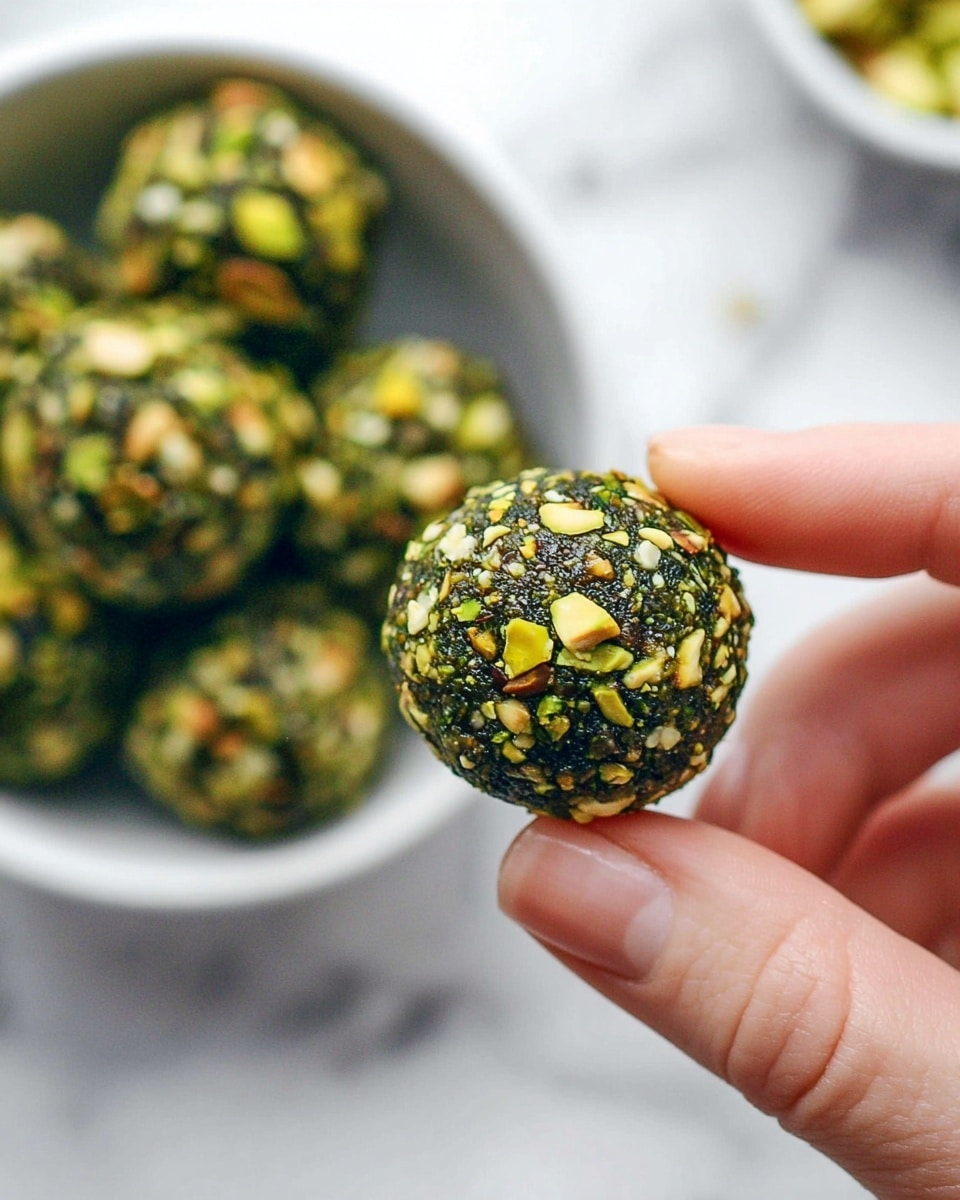 A close-up image of a small round snack held between a woman's thumb and index finger, showing a dark green ball covered with chopped nuts that are yellow-green and light brown. In the background, more of these green nut-covered balls are placed inside a white bowl, resting on a white marbled surface. The texture of the ball is rough due to the nuts and has a mix of tiny and bigger pieces all around it, making the surface uneven yet colorful. Photo taken with an iphone --ar 4:5 --v 7
