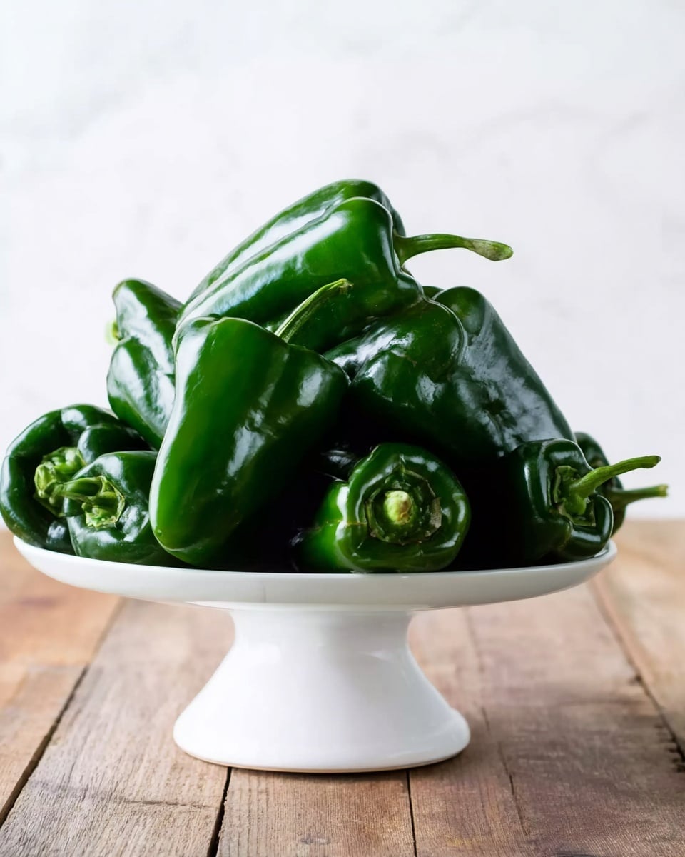 A white pedestal plate holds a pile of shiny green poblano peppers. The peppers are stacked with some laying flat and others leaning, showing their smooth, dark green skins and stems. The background is a clean white marbled texture, and the pedestal plate stands on a wooden surface with a natural grain. The peppers’ surfaces are smooth and slightly reflective, giving them a fresh look photo taken with an iphone --ar 4:5 --v 7