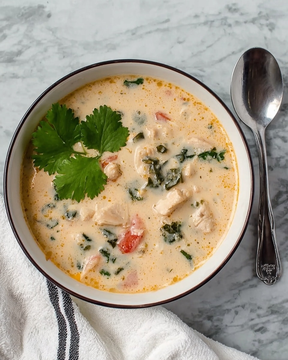 The image shows a white bowl with a dark rim filled with a creamy light beige soup that has soft textures and small chunks of what looks like white meat and green leafy vegetables. There are also bits of red, possibly tomatoes, spread evenly through the soup. The soup's surface is smooth with some slight orange oil spots showing. Two fresh bright green cilantro leaves rest on one side of the soup’s surface as a garnish. The bowl sits on a white marbled surface with a silver spoon on the right side and a white cloth with black stripes on the left. photo taken with an iphone --ar 4:5 --v 7