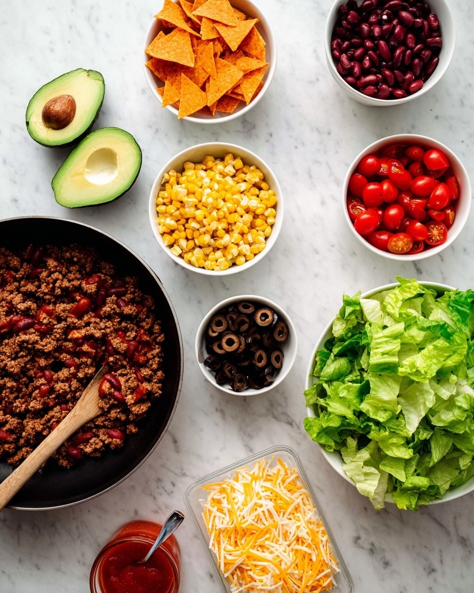 The image shows a bright setup of taco ingredients laid out on a white marbled surface. There is a black pan in the lower left corner filled with cooked ground meat and a wooden spoon resting inside. Surrounding it are small white bowls with different toppings: one with dark red kidney beans, one with bright orange triangular chips with some crumbs beside it, one with black sliced olives, one with yellow grilled corn, and one with halved red grape tomatoes. A large white bowl full of fresh green lettuce leaves is positioned in the lower right. In the center bottom, there is a small pile of shredded yellow-orange cheese on a clear plastic sheet. Two halves of a green avocado with brown pits are at the top left. A small glass container with bright red sauce and a spoon inside is below the chips. photo taken with an iphone --ar 4:5 --v 7