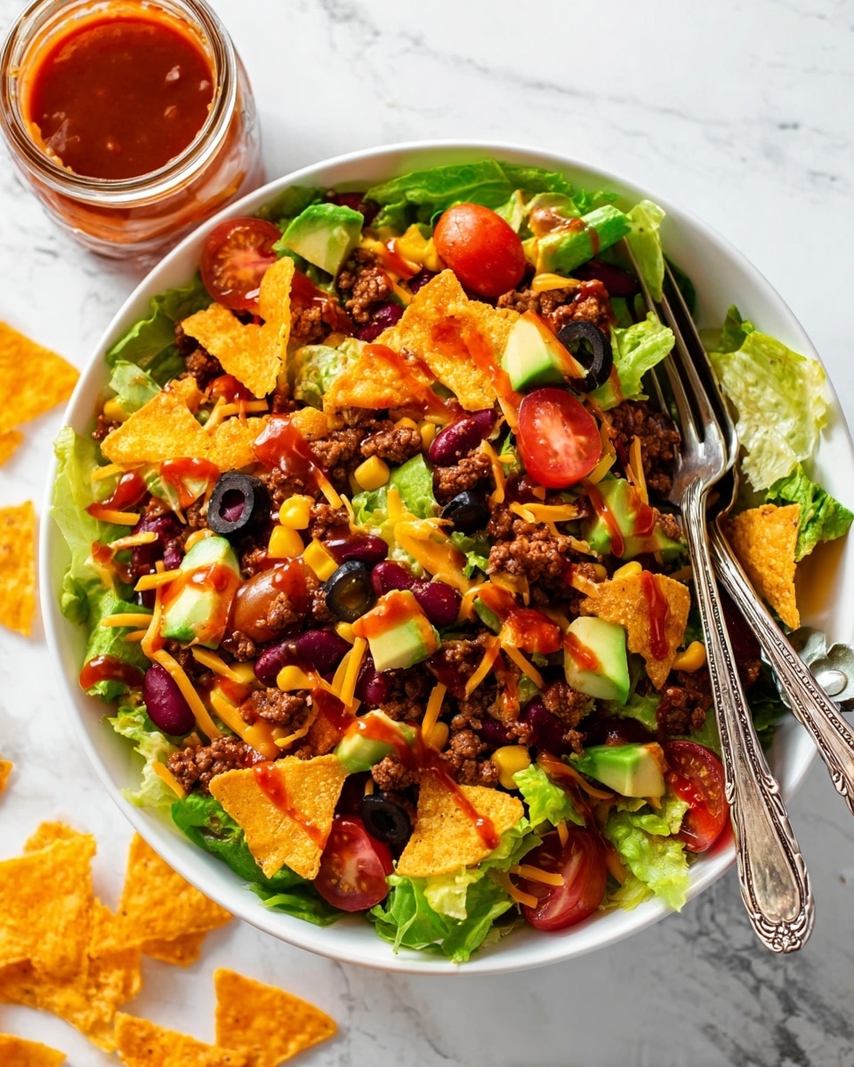 The dish is a colorful taco salad served in a white bowl placed on a white marbled surface. The bottom layer is fresh green lettuce leaves that are crisp and unevenly spread across the bowl. On top, there are scattered crunchy orange tortilla chips broken into medium pieces. Bright yellow corn kernels and small green avocado chunks add texture and color. Red kidney beans and halved red cherry tomatoes are scattered across, along with slices of black olives. Ground beef pieces are mixed throughout, providing a rich brown color and hearty texture. Thin orange shredded cheese is sprinkled evenly, and a drizzle of reddish-brown sauce is spread over the salad. Two ornate silver forks rest on the right side of the bowl. In the background, there is a clear jar filled with more reddish sauce. photo taken with an iphone --ar 4:5 --v 7