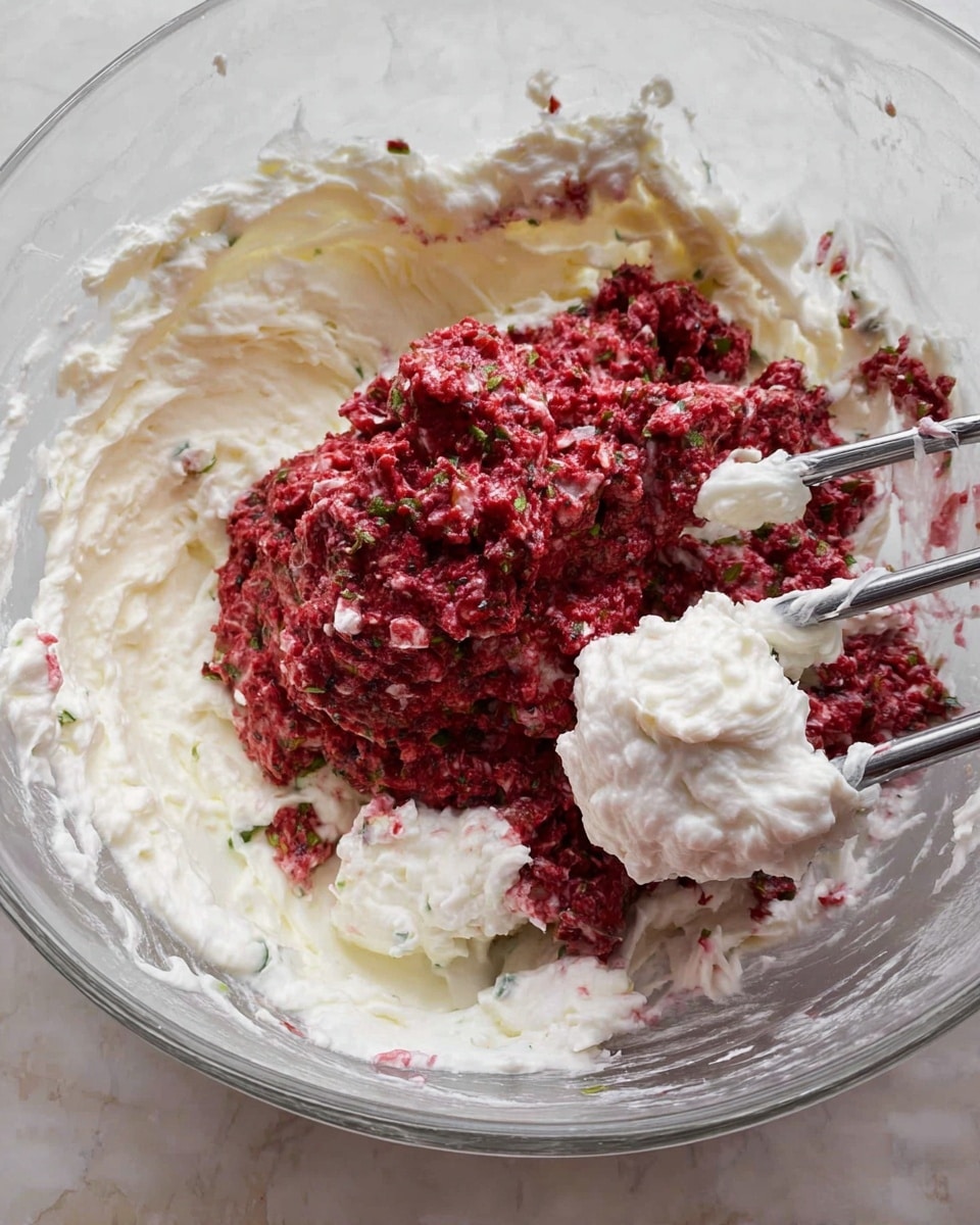 A clear glass bowl sits on a white marbled surface, filled with thick white whipped cream forming the first layer with a soft, fluffy texture. On top, there is a coarse, chunky red mixture with bits of green herbs visible, contrasting sharply with the white cream beneath. Two metallic beaters, coated with some white cream, are partially immersed in the mixture, suggesting the mixing process is ongoing. The colors are vivid, mainly white and deep red with hints of green, creating a fresh, textured look. Photo taken with an iphone --ar 4:5 --v 7