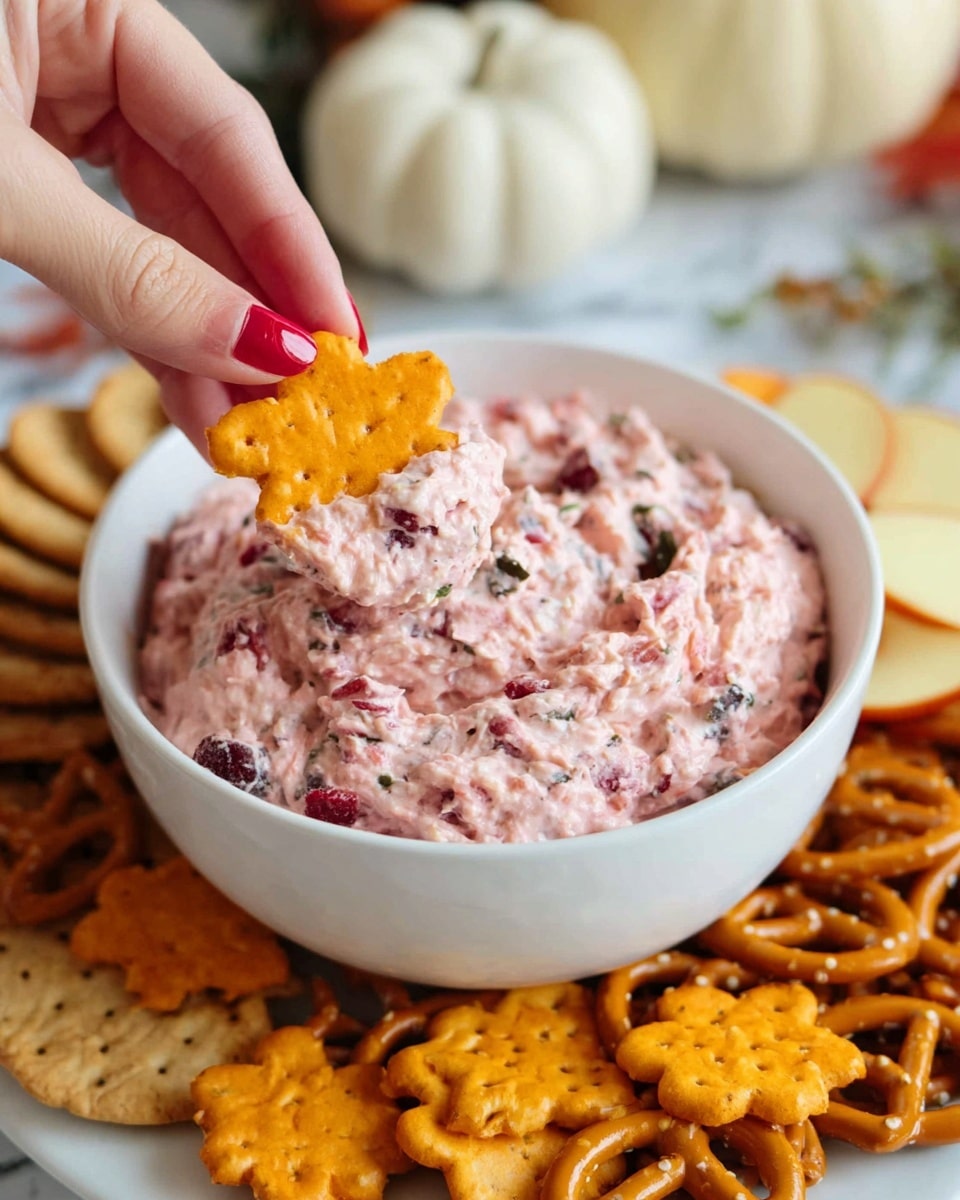 A white bowl filled with a pink, chunky dip that has visible small pieces of red and dark bits mixed inside, sitting on a white marbled surface. Around the bowl are assorted tan and orange leaf-shaped and pretzel-shaped crackers. A woman's hand with red nail polish is holding an orange leaf-shaped chip dipped in the pink mixture. In the background, there are blurred white pumpkins and some slices of a pale fruit near the bowl. photo taken with an iphone --ar 4:5 --v 7