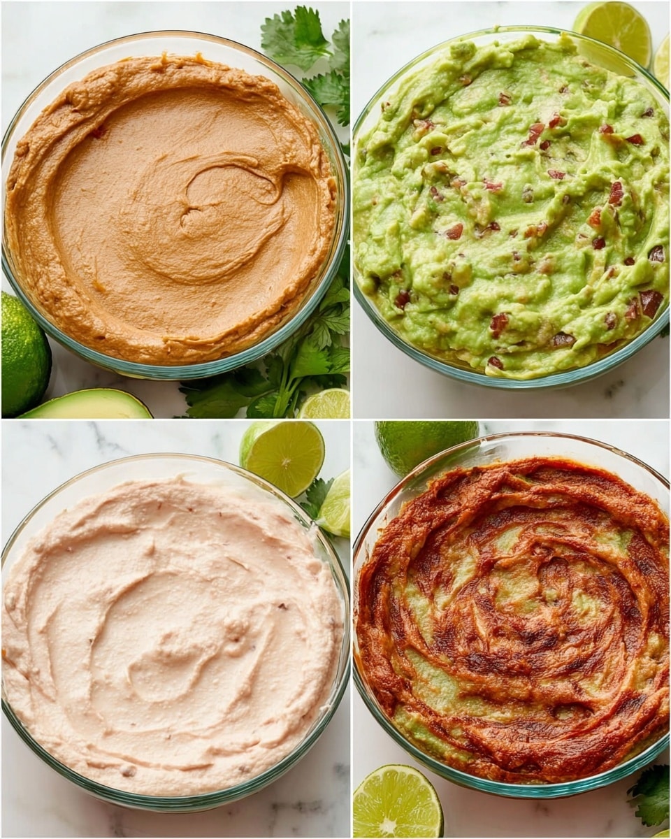 The image shows four clear glass bowls, each filled with a different spread and placed on a white marbled surface, accompanied by avocado halves, lime wedges, and some cilantro leaves. The top left bowl has one thick, smooth layer of a light brown spread with a slightly matte, creamy texture. The top right bowl contains a thick layer of green guacamole with visible bits of red, orange, and darker green mixed in, giving it a chunky texture. The bottom left bowl shows one thick layer of a pale pink creamy spread with a smooth and slightly whipped texture. The bottom right bowl has a thick layer of reddish-brown sauce with a mix of darker spots and a lightly textured surface, showing swirls of a lighter cream beneath the sauce. Photo taken with an iphone --ar 4:5 --v 7