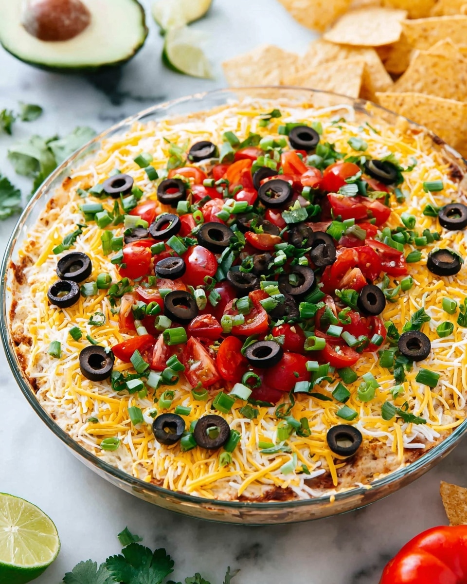 The dish is a layered dip in a clear glass round dish. The bottom layer is hidden, but the top visible layer is thick yellow and white shredded cheese covering the whole surface. On top of the cheese, there are sliced black olives and small chopped red tomatoes scattered mostly in the center. Bright green chopped spring onions are also spread on top, with small bits of green cilantro leaves. The dish sits on a white marbled surface with a half avocado on the top left, some tortilla chips on the top right, a lime wedge on the left bottom corner, and a whole tomato at the bottom. Photo taken with an iphone --ar 4:5 --v 7
