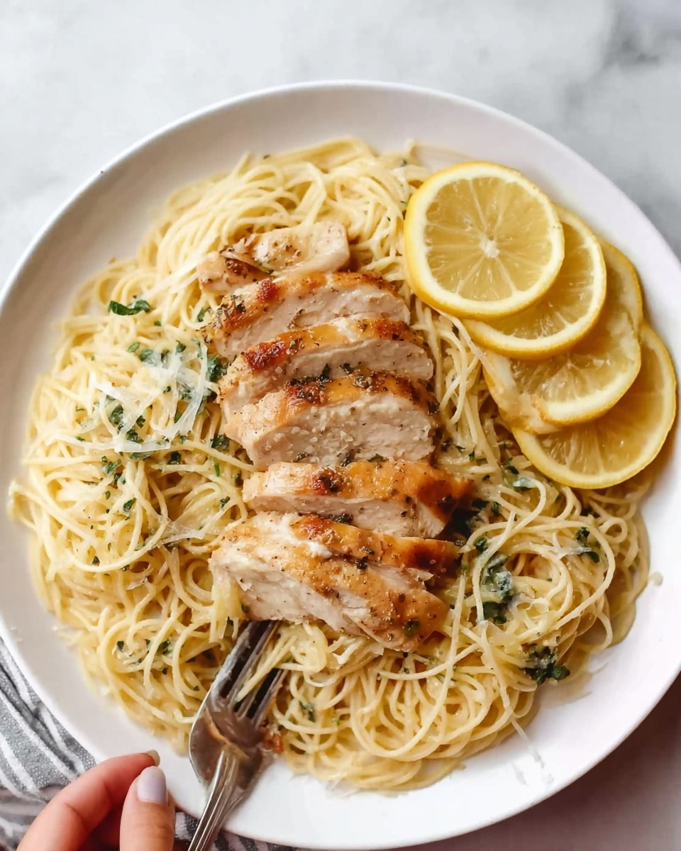The image shows a white plate filled with light golden spaghetti noodles, arranged in a loose nest form covering most of the plate. On top of the noodles, there are five pieces of sliced, cooked chicken with a slightly browned skin and light seasoning, placed in a line across the center. To the right side of the chicken, there are three thin lemon slices with some green herbs sprinkled over them. A silver fork is near the bottom edge of the plate with a woman's hand holding it, touching the noodles. The background is a white marbled surface. photo taken with an iphone --ar 4:5 --v 7