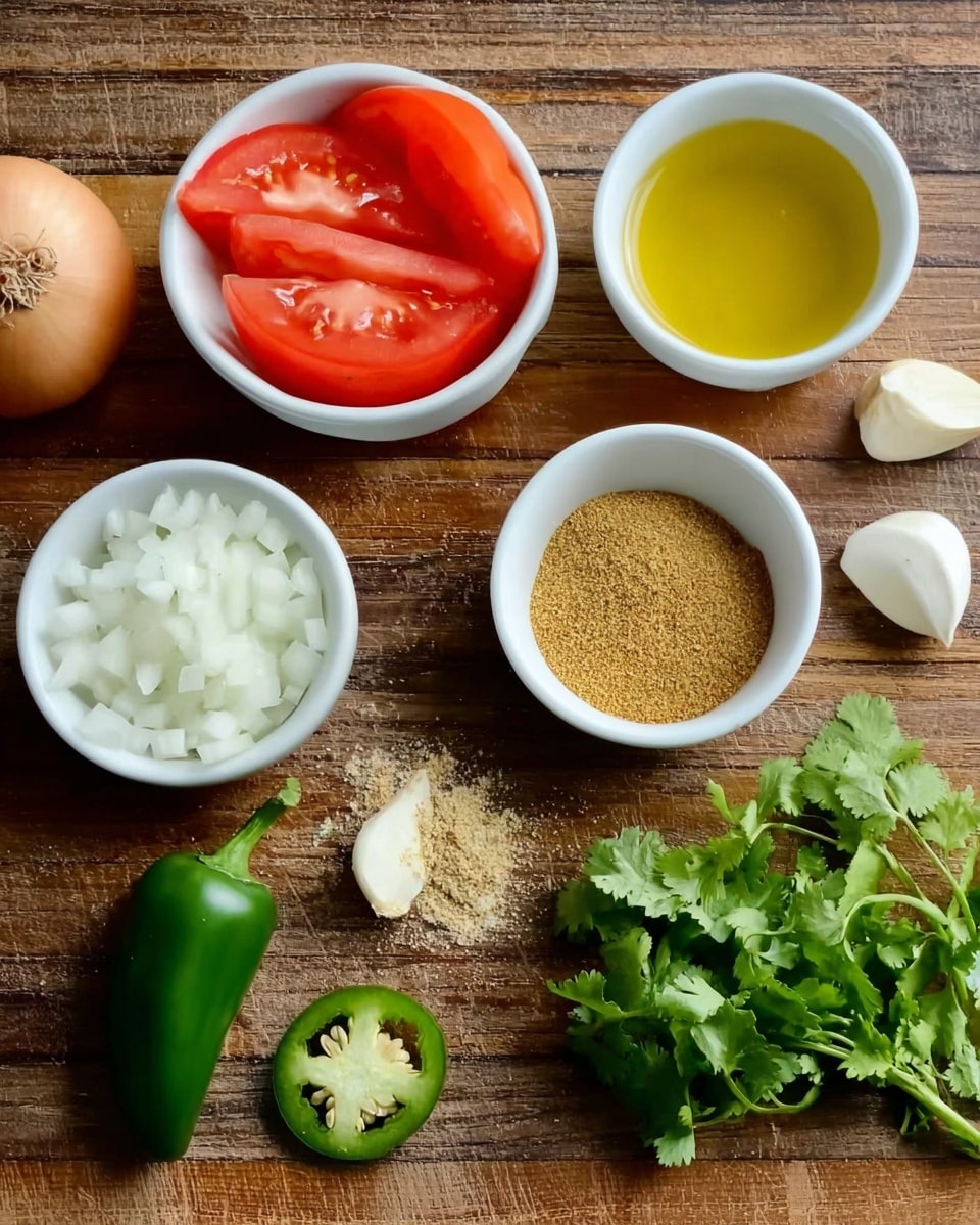 The image shows a wooden surface with several small white bowls and some fresh food items laid out. There are two bright red tomato wedges in one bowl and finely chopped white onions in another. A bowl of light yellow oil is placed nearby. Next to these are two small white bowls, one containing a tan powder and the other a light brown granulated spice. A halved green jalapeño pepper with visible seeds is on the wooden surface alongside a single garlic clove and a small bunch of fresh green cilantro leaves. The whole scene sits on a white marbled texture background. Photo taken with an iphone --ar 4:5 --v 7