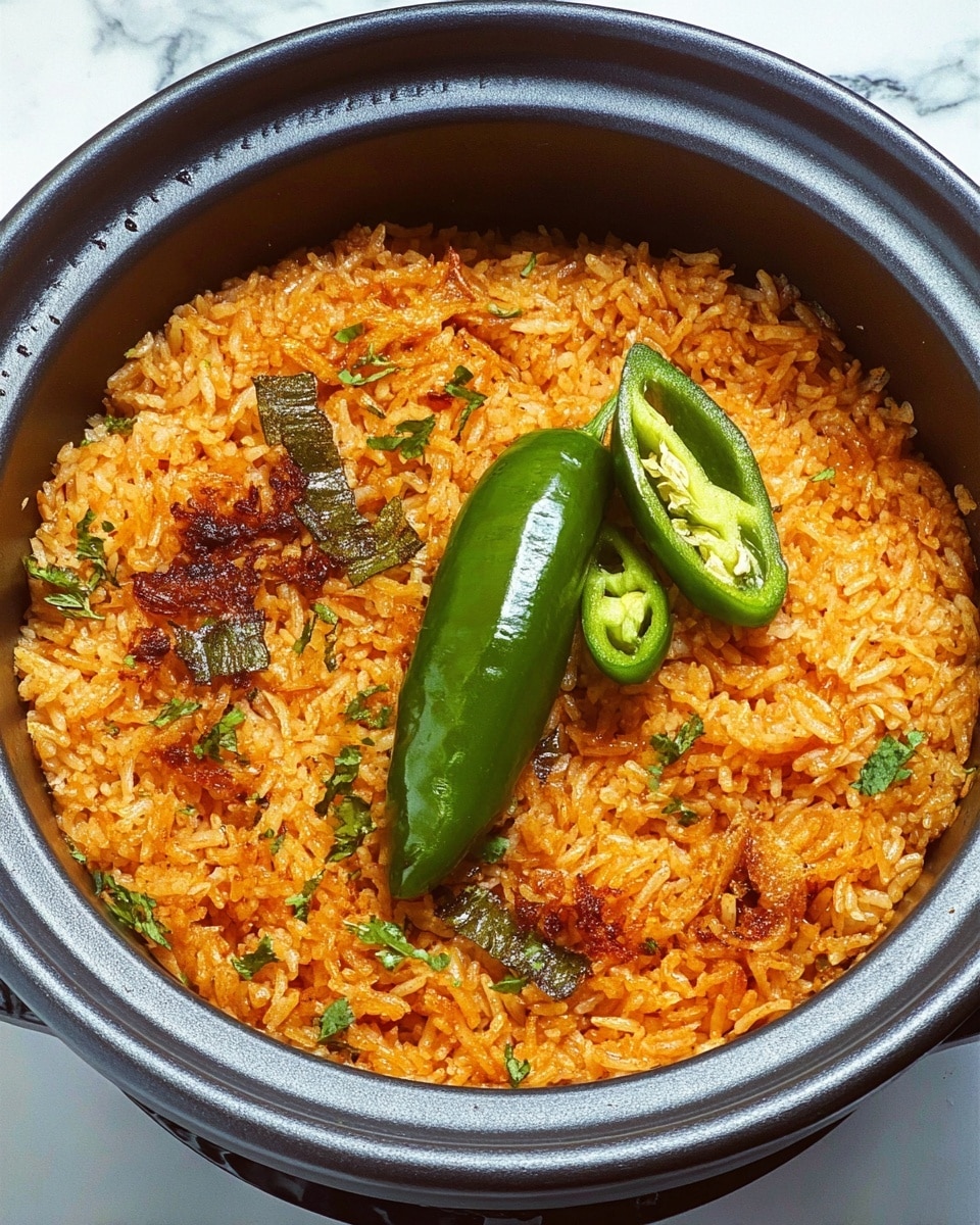 This image shows a round dark gray pot filled with cooked orange rice that has a slightly crispy texture on the top layer. On the top of the rice, there are green herbs scattered and two green chili peppers, one whole and one sliced open showing its seeds. The rice has a mix of lighter and darker orange shades, indicating seasoning and oil, with some areas appearing moist and others more toasted. The pot is placed on a white marbled surface photo taken with an iphone --ar 4:5 --v 7