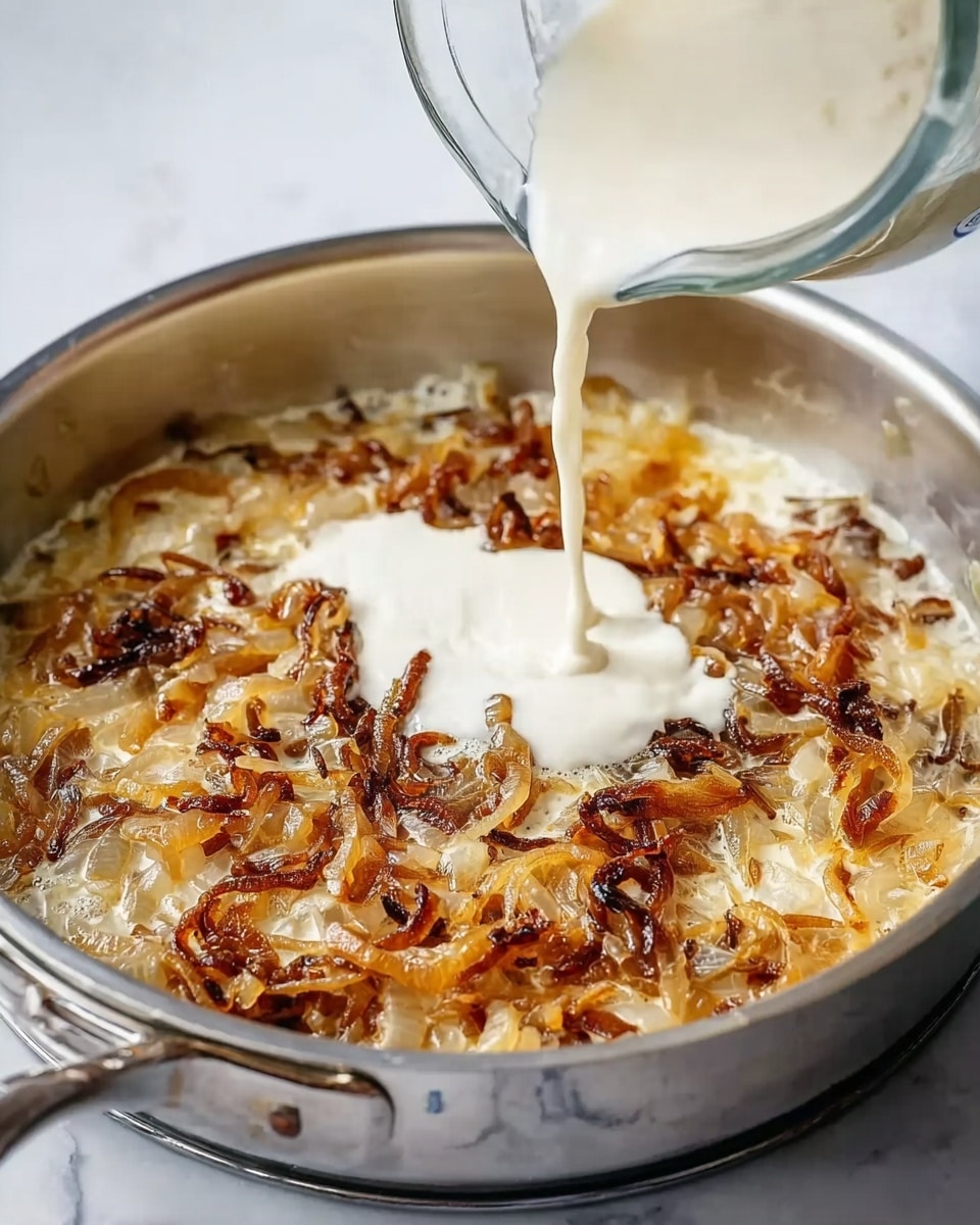 A silver metal pan with brown caramelized onions spread evenly inside, showing a mix of crispy and soft textures, and white cream being poured from a clear glass pitcher in the upper right corner onto the onions, over a white marbled surface, photo taken with an iphone --ar 4:5 --v 7