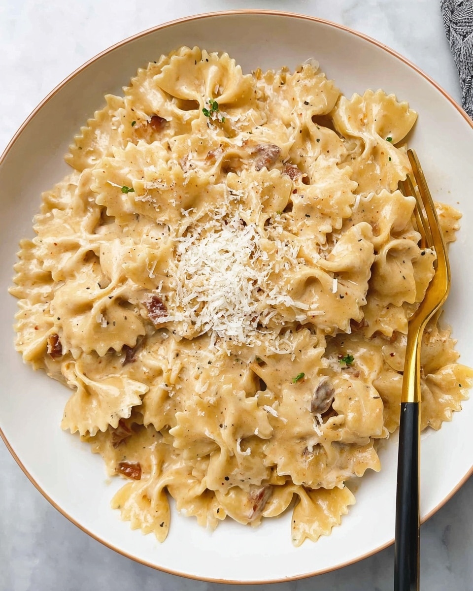 A white plate holds a serving of farfalle pasta coated in a creamy light beige sauce that looks smooth and rich, mixed evenly throughout the pasta. The bowtie-shaped pasta layers are soft with the sauce clinging to every piece. Inside the sauce, small bits of browned onions can be seen, adding texture and color. On top, there is a light sprinkling of finely grated white cheese in the center. A gold fork with a dark handle rests on the edge of the plate, partially touching the pasta. The plate sits on a white marbled surface. Photo taken with an iphone --ar 4:5 --v 7