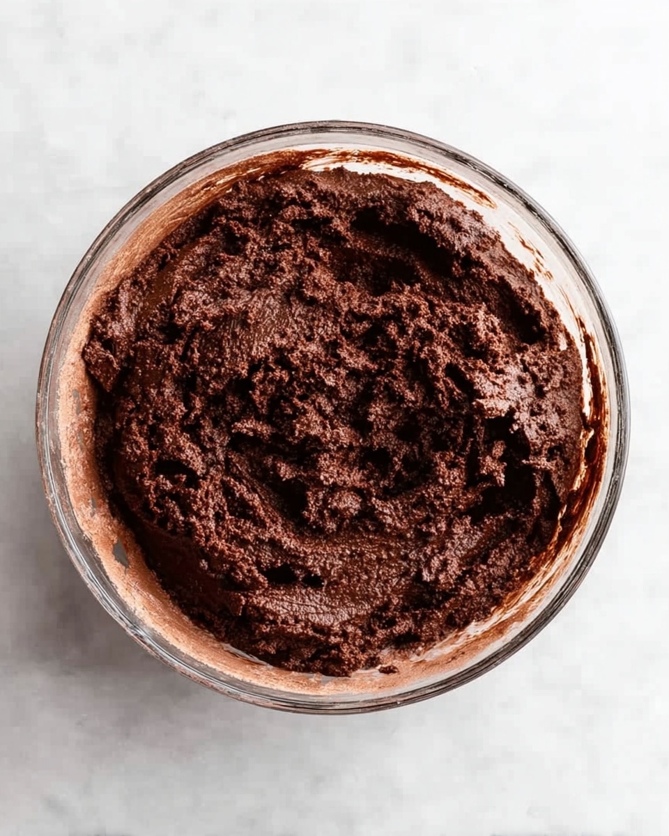 A clear glass bowl filled with a thick, dark brown chocolate mixture that looks rich and slightly crumbly, with some smooth and some chunky parts visible. The bowl is sitting on a white marbled surface. The chocolate mixture fills most of the bowl but leaves a bit of the inner glass edge visible, showing some smudges of chocolate on the sides. The texture appears dense and moist, with uneven peaks and small cracks across the surface. Photo taken with an iphone --ar 4:5 --v 7