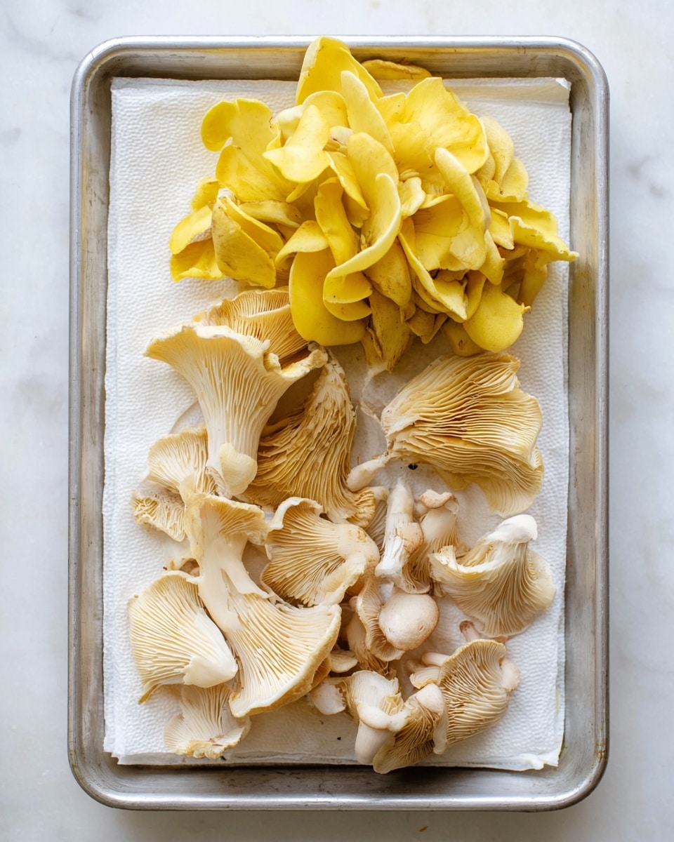 The image shows a metal baking tray lined with white paper towels, placed on a white marbled surface. On the tray are five groups of fresh mushrooms with soft folds and layered petals. The central cluster is bright yellow with tightly packed, curved layers, while the other four clusters are pale cream to light beige, with soft edges and delicate vein-like textures. The mushrooms vary in size, some smaller and rounded, others larger with broad petals. The overall look is natural and fresh, with light gently highlighting the mushrooms' smooth and slightly shiny surfaces. Photo taken with an iphone --ar 4:5 --v 7