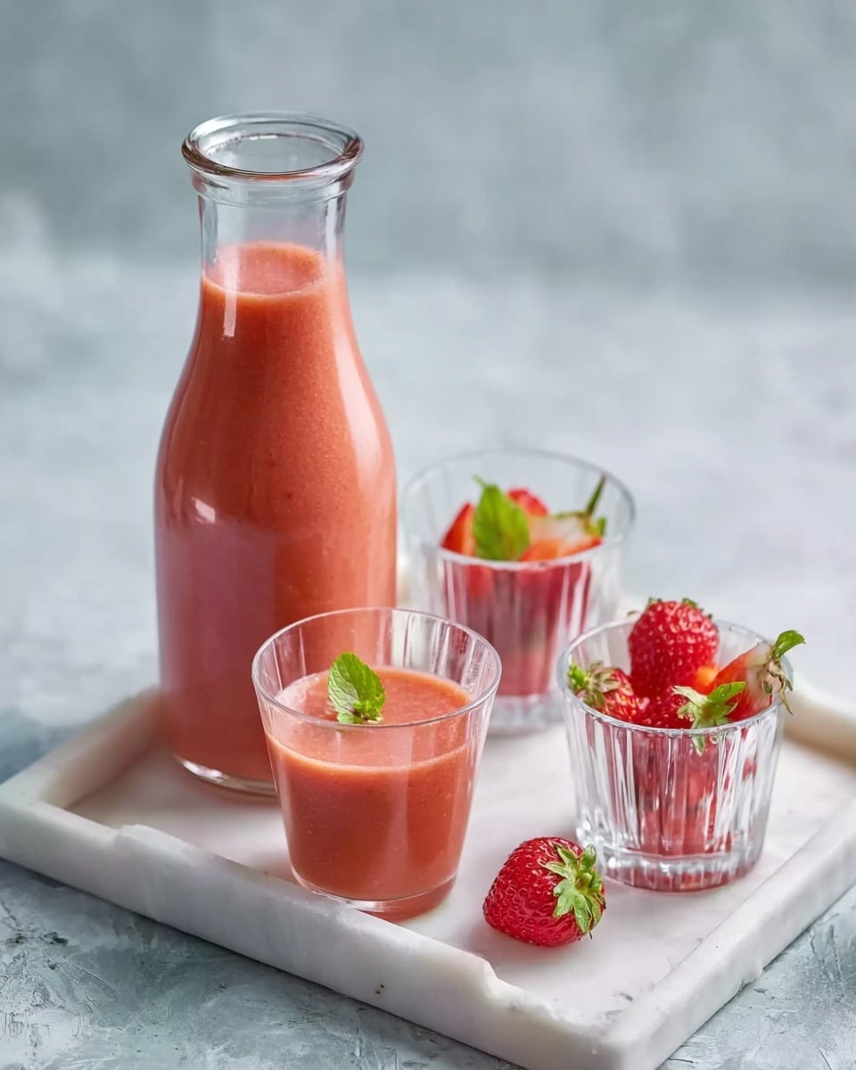 The image shows a clear glass bottle filled with light red smoothie placed on a white tray with a white marbled background. In front of the bottle, there are two small clear glasses: one filled with the same smoothie topped with a small green leaf, and the other glass contains small strawberry pieces with the same green leaf on top. To the right, two upside-down clear glasses have whole strawberries and green leaves inside. A whole strawberry sits on the tray near the bottle. Photo taken with an iphone --ar 4:5 --v 7