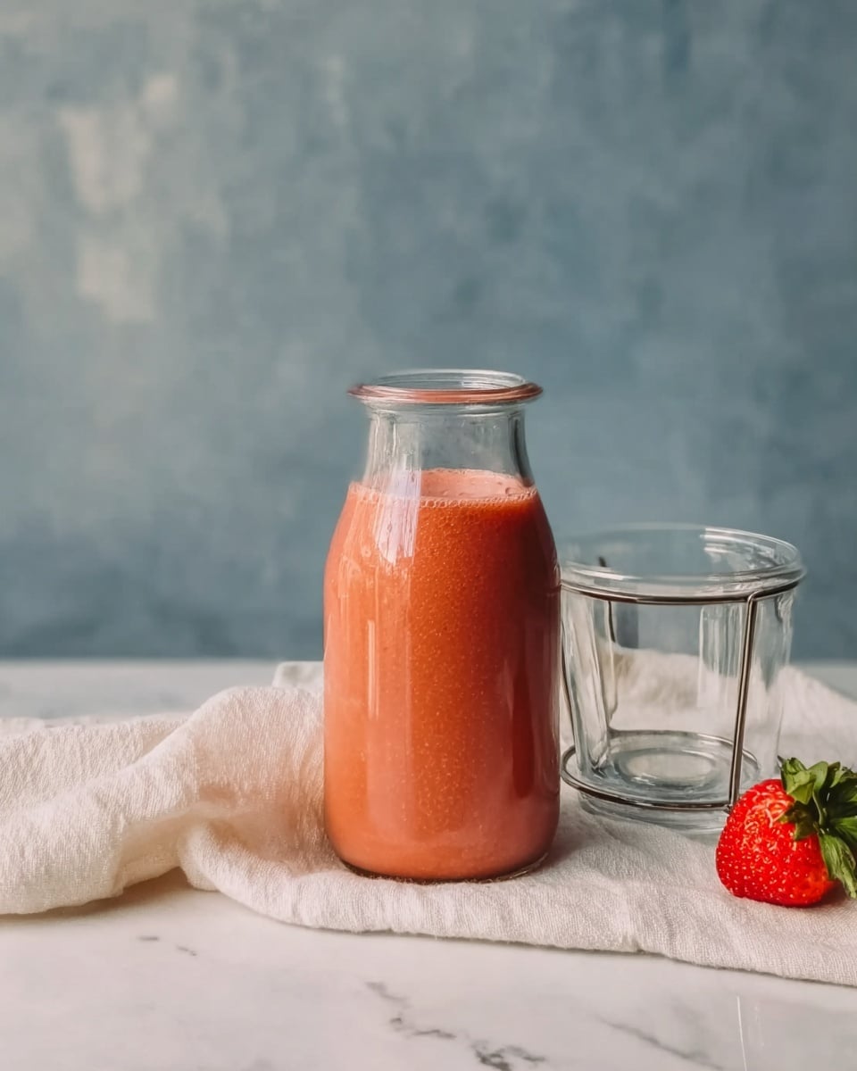 A clear glass jar filled with a smooth reddish-pink liquid, standing on a white cloth over a white marbled surface. To the right of the jar is an upside-down empty clear glass with a metal holder, and next to it lies a single red strawberry with green leaves attached. The background shows a blue textured wall. The overall scene is simple and clean, with soft natural light. Photo taken with an iphone --ar 4:5 --v 7