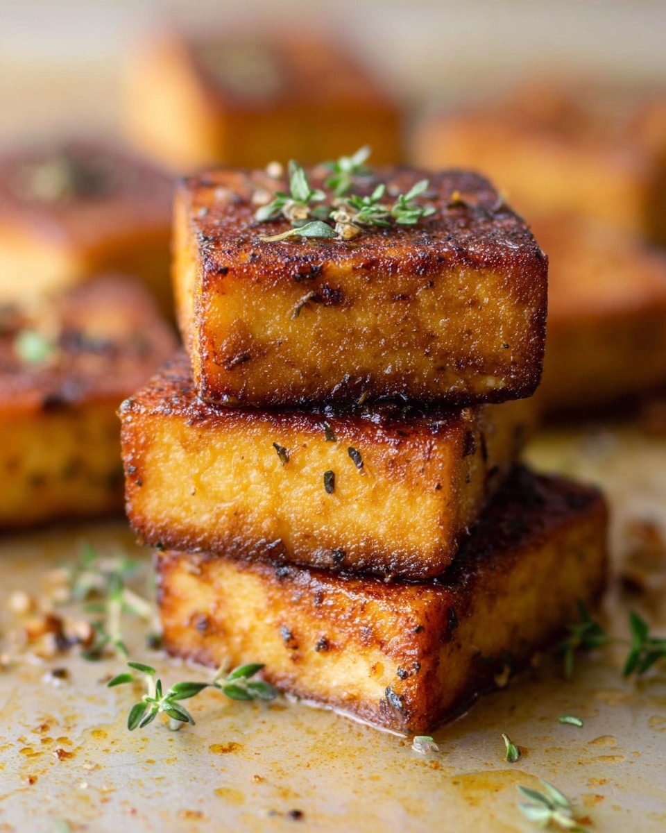 A close-up image shows a stack of four golden-brown tofu squares with crispy edges and a slightly textured surface. Each piece has a rich caramelized color with specks of herbs and spices, especially on the top layer which is garnished with small green thyme leaves. The stack is placed on a lightly stained baking sheet, with more tofu pieces blurred in the soft-focus white marbled background. The lighting highlights the warm tones and contrasts the crispy outer layer with the softer inside of the tofu photo taken with an iphone --ar 4:5 --v 7