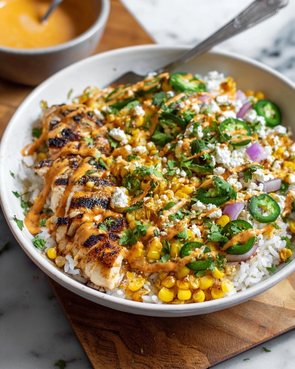 A white bowl filled with a base layer of white rice, topped with a layer of grilled chicken slices arranged side by side on one side, showing a lightly browned, grilled texture. On top of the chicken and rice are scattered bright yellow grilled corn kernels, thin slices of green jalapeño peppers, and small pieces of purple onion. Fresh green cilantro is spread all over the dish, with a drizzle of creamy orange sauce covering the top. White crumbly cheese is sprinkled lightly throughout the dish. A silver fork rests inside the bowl on the right side. The bowl sits on a wooden board with a white marbled surface in the background. photo taken with an iphone --ar 4:5 --v 7