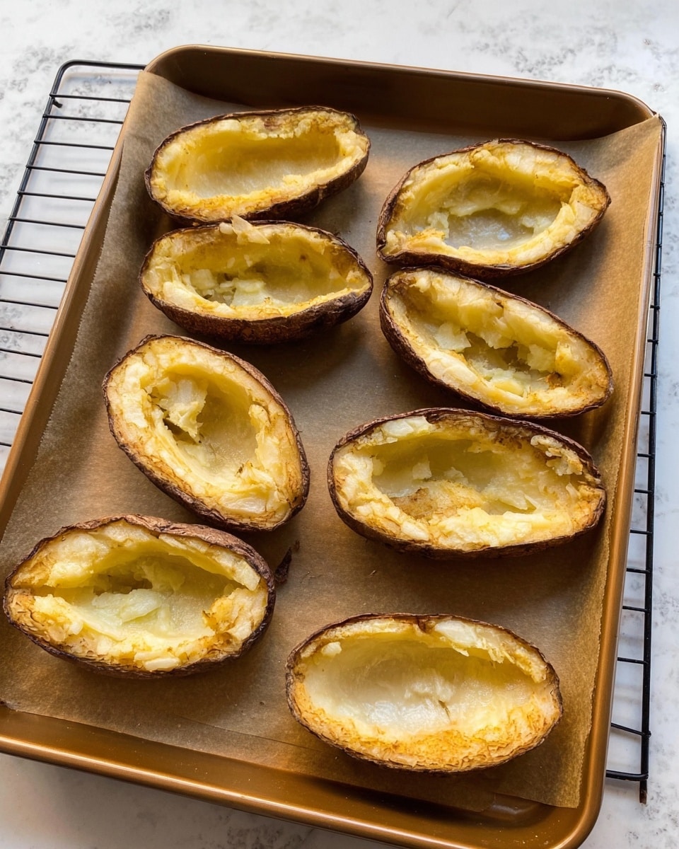 The image shows eight hollowed-out potato skins arranged on a baking tray lined with parchment paper. Each potato skin has a rough dark brown outer edge and a smooth pale yellow interior with some leftover soft potato flesh clinging inside. The tray sits on a white marbled surface with a cooling rack visible in the background. The potato skins appear dry and ready for the next cooking step. photo taken with an iphone --ar 4:5 --v 7