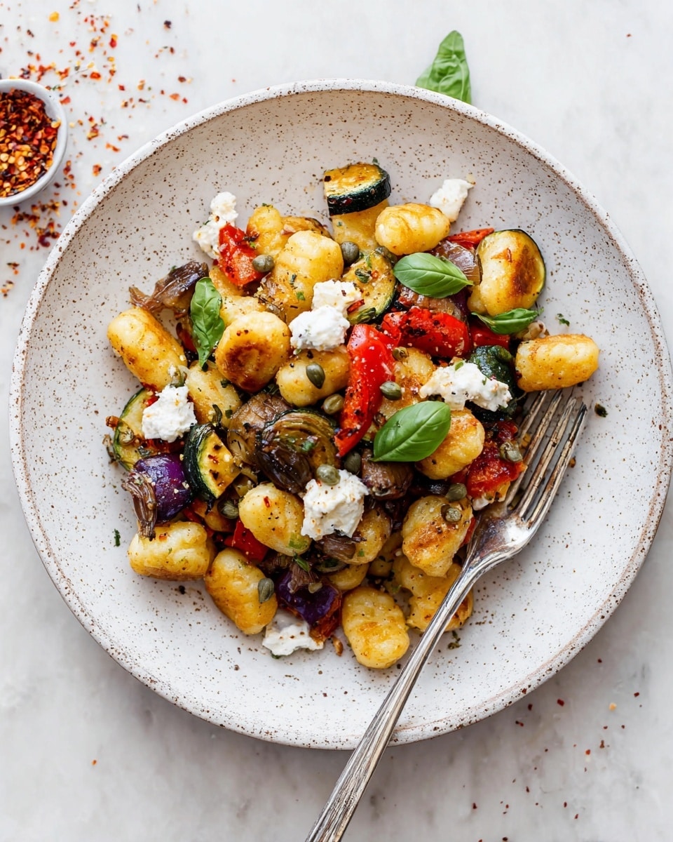 A white speckled round plate holds a colorful dish of golden brown gnocchi mixed with pieces of grilled vegetables including red bell peppers, purple onion, and dark green zucchini chunks. Small dollops of white cheese are scattered on top, along with fresh green basil leaves and tiny capers. The textures mix soft gnocchi with slightly charred vegetable edges and creamy cheese. A silver fork rests on the right side of the plate, partially under the food. The plate is set on a white marbled surface with some red pepper flakes sprinkled around. Photo taken with an iphone --ar 4:5 --v 7