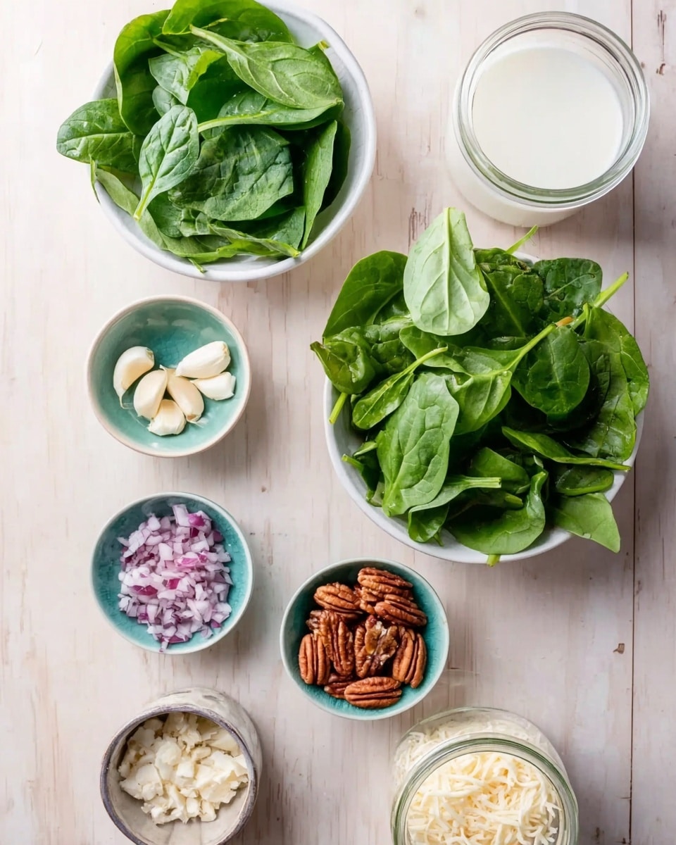 The image shows several small dishes and loose leaves arranged on a white marbled surface. At the top right, there is a small white bowl filled with bright green fresh spinach leaves. Just above and slightly to the left, another similar white bowl holds fresh basil leaves with a mix of lighter and darker green shades. Below the bowls, there are five small round dishes each holding different ingredients: at the top left, a dish with peeled garlic cloves, next to it a dish with finely chopped red onions, below that a dish with whole pecans, to the right of the pecans is a dish with shredded white cheese, and at the bottom left, a glass jar with white milk or cream. The overall color palette includes shades of green, white, pale purple, brown, and creamy white, arranged neatly and clearly. photo taken with an iphone --ar 4:5 --v 7