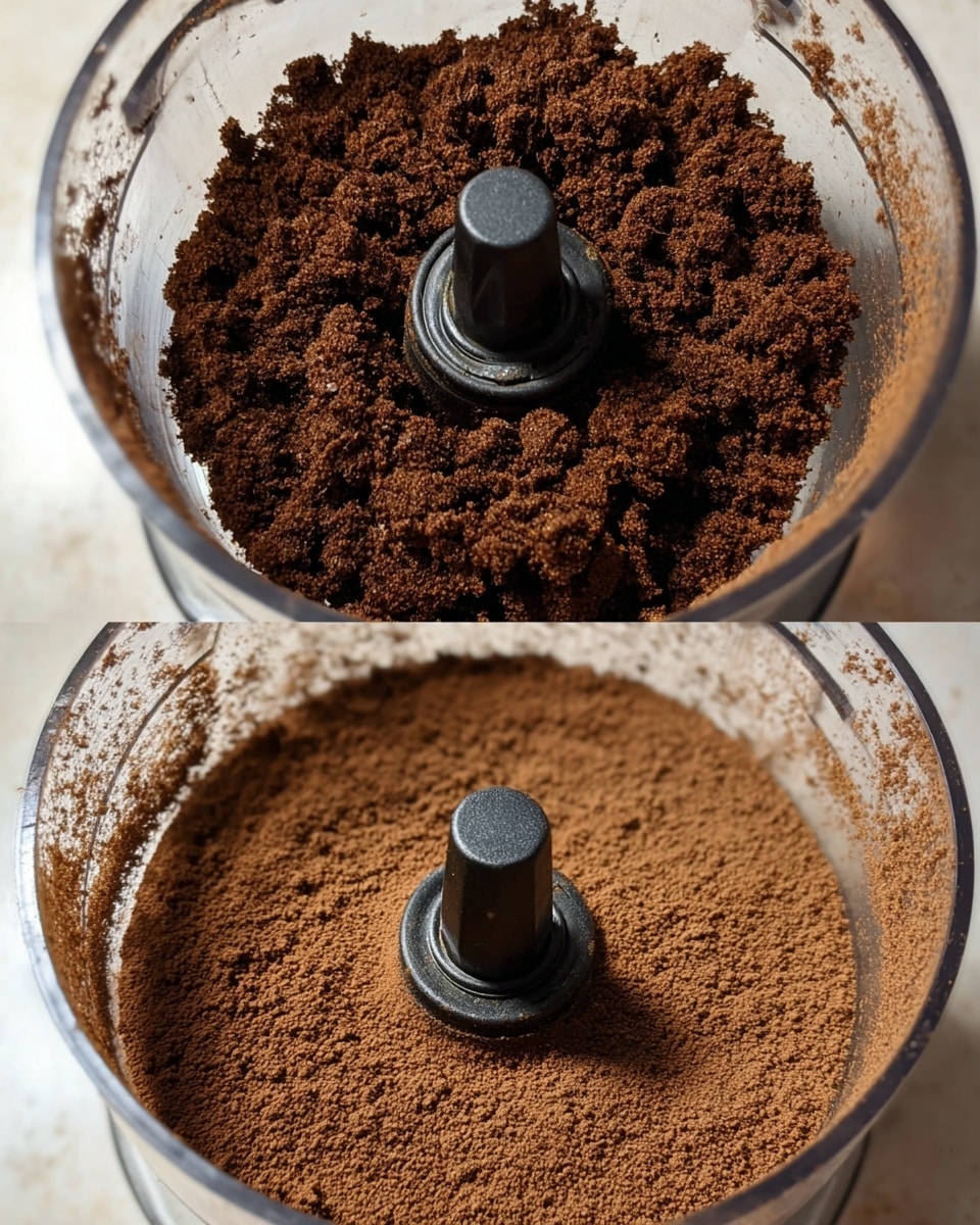 The images show two close-up views inside a clear plastic grinder filled with dark brown coffee grounds. The top view shows a loose mound of medium-coarse textured coffee grounds heaped around the central black grinder blade stem. The second view shows a smoother, finer layer of coffee grounds evenly spread, almost filling the grinder bowl, with the black central blade stem visible in the center. The inside edges of the grinder container are lightly dusted with coffee powder. photo taken with an iphone --ar 4:5 --v 7