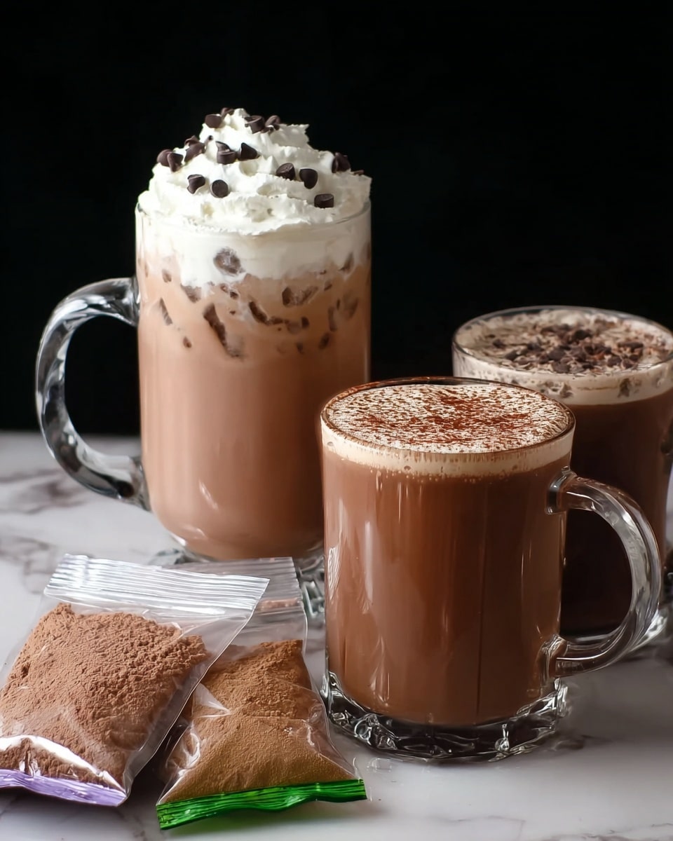 The image shows three clear glass mugs filled with hot chocolate on a white marbled surface. The first, tallest mug on the left holds iced hot chocolate topped with a thick layer of white whipped cream sprinkled with small dark chocolate chips. The two smaller mugs to the right contain hot chocolate with a thin layer of frothy foam sprinkled with chocolate powder on the top. In front of the mugs, several clear plastic bags with green and purple edges hold light brown hot chocolate powder. The background is plain black. photo taken with an iphone --ar 4:5 --v 7