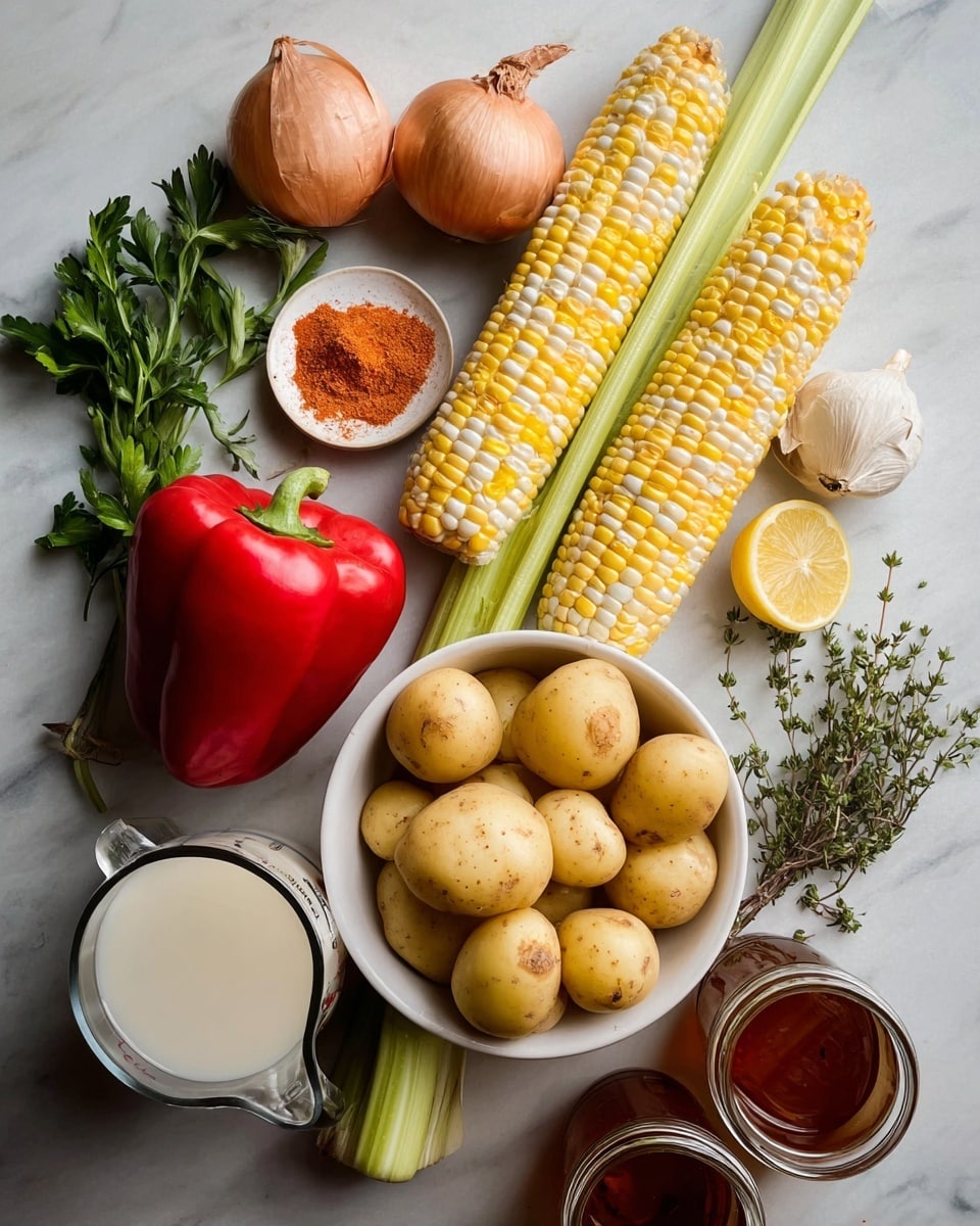 The image shows several raw ingredients arranged on a white marbled surface. In the center, there are five ears of corn with yellow and white kernels stacked closely together. Below the corn is a white bowl filled with small yellow potatoes, and resting on the bowl is a long stalk of celery with a light green color. To the left of the corn is a whole red bell pepper, while above it lies a garlic bulb with some cloves separated. On the right side, there is a halved lemon beside a white onion cut in half. Fresh green herbs such as parsley and thyme lay near the lemon. There are also two small bowls, one containing a reddish-orange powder and the other a dark brown paste. Additionally, there is a glass measuring cup filled with a white liquid, and two glass jars with brownish liquid are placed near the bottom right corner. photo taken with an iphone --ar 4:5 --v 7