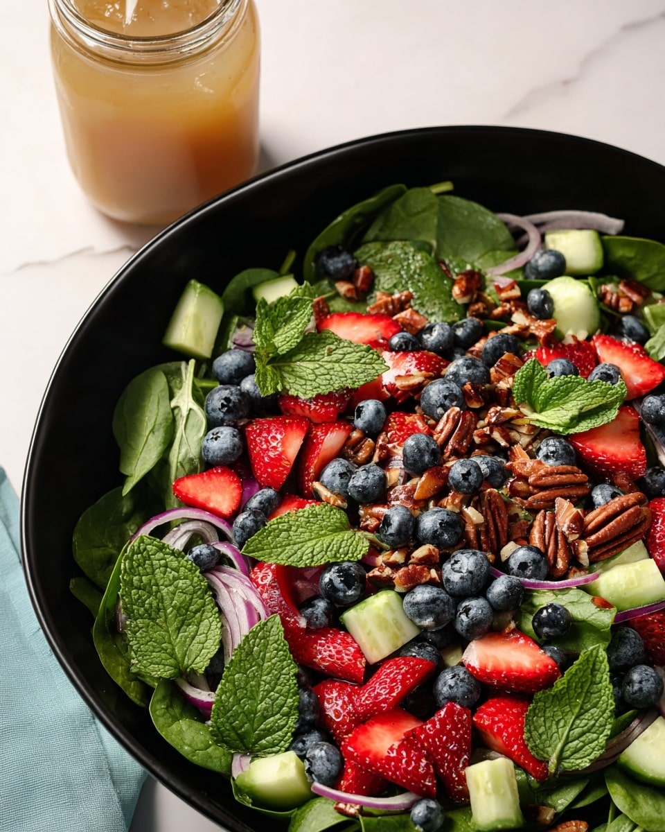 A large black bowl filled with a colorful salad showing layers starting with a layer of dark green spinach leaves at the base. On top, there are scattered red strawberry pieces, whole dark blue blueberries, light green cucumber chunks, and light green fresh mint leaves. Thin translucent white onion rings and small brown pecan nuts are spread evenly across the salad. The bowl is placed on a white marbled surface with a beige drink in a glass jar next to it. Photo taken with an iphone --ar 4:5 --v 7