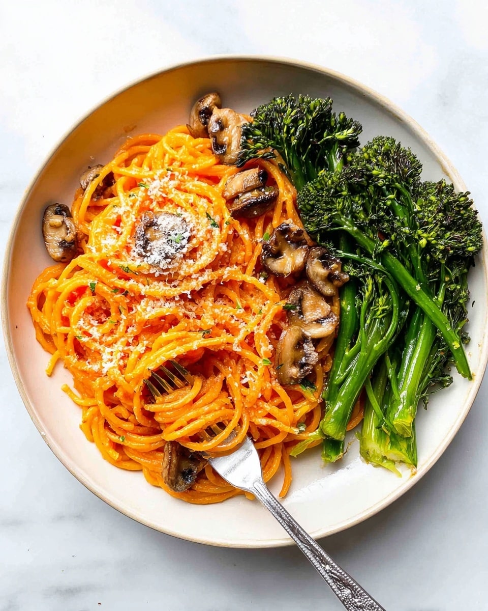 A large round white plate holds a serving of bright orange spaghetti with some white grated cheese sprinkled on top. On the right side, there are cooked dark green broccolini stalks and light brown sautéed mushroom pieces arranged close to the pasta. A silver fork is placed diagonally in the lower half of the plate, resting on the spaghetti. The scene is set against a white marbled surface. photo taken with an iphone --ar 4:5 --v 7