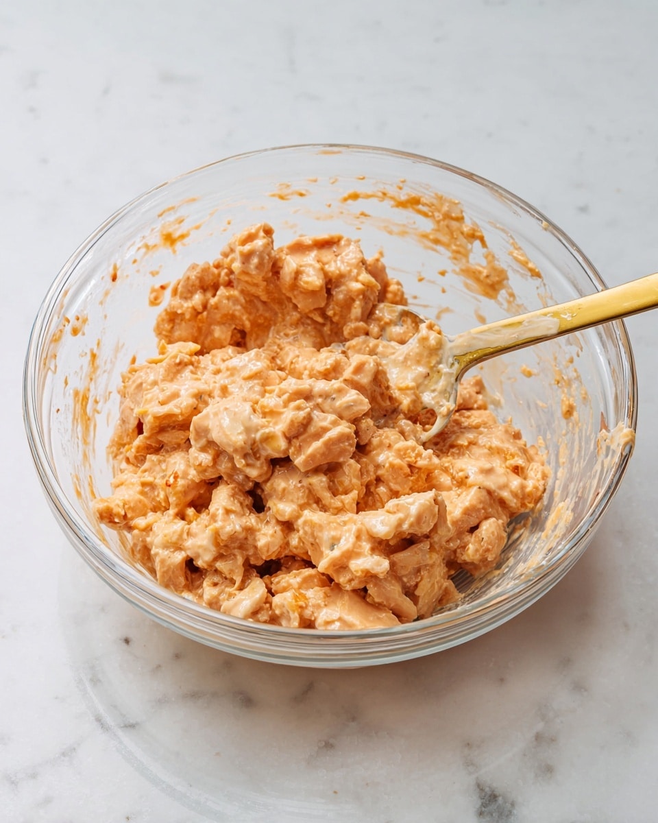A clear glass bowl sits on a white marbled surface filled with a creamy mixture of small, uneven chunks of light orange and pinkish pieces, suggesting marinated raw chicken in a sauce. The sauce clings to the pieces with a slightly thick texture, giving the mix a moist and sticky look. A gold-colored spoon rests in the right side of the bowl, partly covered in the sauce, with its handle extending outside the bowl. Small splashes of the sauce stick around the inside rim of the bowl, adding to the casual, fresh feel of the scene. photo taken with an iphone --ar 4:5 --v 7
