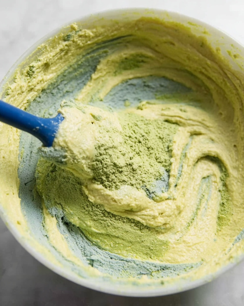 A close-up view of a thick batter being mixed in a white bowl on a white marbled surface. The batter has two visible layers: a pale yellow base and a green powder layer on top, creating a streaky texture where the two mix. A blue spatula is partially submerged in the batter, lifting some of the mixture and blending the colors together. The batter looks creamy with slightly rough patches from the powder. photo taken with an iphone --ar 4:5 --v 7