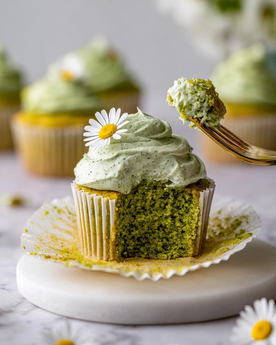 A green cupcake with a moist textured cake as the bottom layer, wrapped in a slightly peeled white paper liner, topped with a thick swirl of light green frosting flecked with tiny darker green specks, and garnished with a small white daisy flower with a yellow center placed on one side of the frosting. A gold fork on the right holds a small bite of the cupcake with both cake and frosting. The cupcake sits on a round white marble surface with a few out-of-focus green frosted cupcakes and white daisies in the blurred white marbled background. photo taken with an iphone --ar 4:5 --v 7
