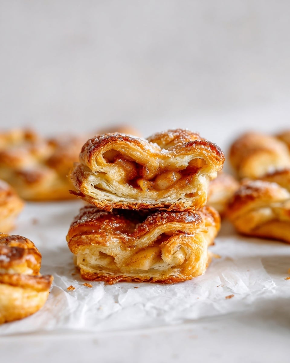 The image shows a stack of two apple pastries on white parchment paper over a white marbled surface. Each pastry has multiple layers of golden-brown flaky crust, with the bottom layer slightly thicker and crispy, while the top layer has a braided pattern with sugar sprinkles. Inside the pastries, there is a warm, gooey apple filling with visible small chunks of cooked apples in a rich caramel color. Around the stack, more similar pastries are scattered, showing their golden flaky texture. The background is soft-focused with a neutral light tone, highlighting the pastries in the front. Photo taken with an iphone --ar 4:5 --v 7