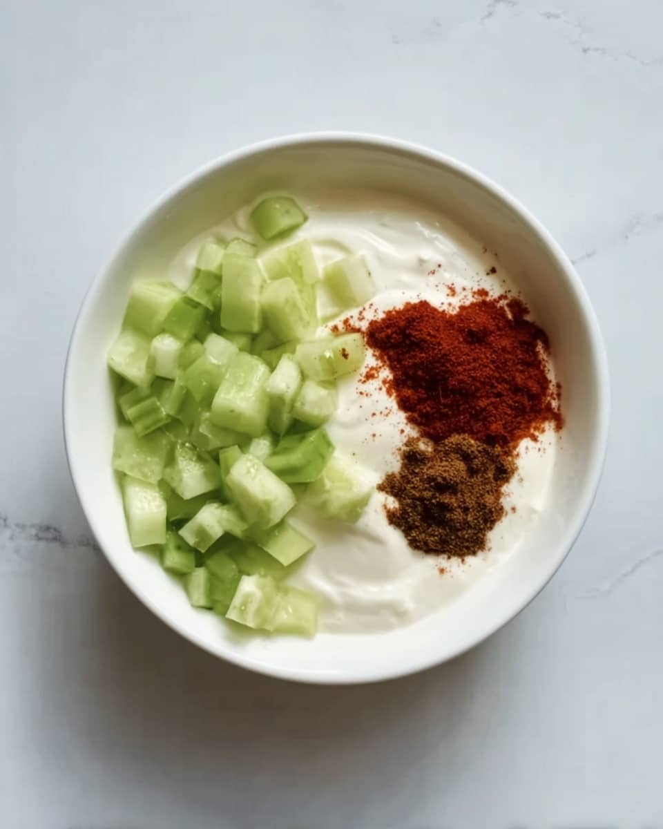 A white bowl on a white marbled surface contains three main layers: on the left side, there are small diced green cucumbers with a fresh, crisp texture; in the middle, a smooth, creamy white layer of yogurt; and on the right side, two small piles of powdered spices — one dark brown and the other bright red — resting on the yogurt. The bowl is viewed from above, showing a clear separation of each element. photo taken with an iphone --ar 4:5 --v 7