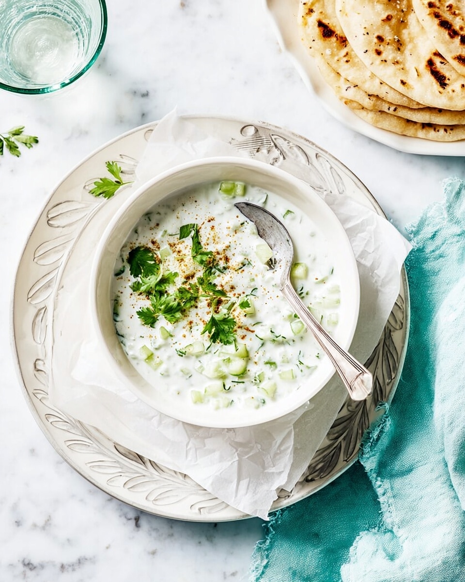 A white bowl filled with a creamy white yogurt sauce speckled with small green cucumber pieces and herbs, topped with fresh green cilantro and parsley leaves and light brown spices. A silver spoon stands inside the bowl. The bowl sits on white crumpled paper inside a white plate with a leaf pattern rim, which rests on another larger white plate with a matching leaf pattern rim. To the left, there is a stack of folded flatbreads with golden brown spots placed on a white plate, and at the top left, a glass of water with a green rim is partially visible. The whole setup is on a white marbled background with a light turquoise cloth in the lower right corner. photo taken with an iphone --ar 4:5 --v 7