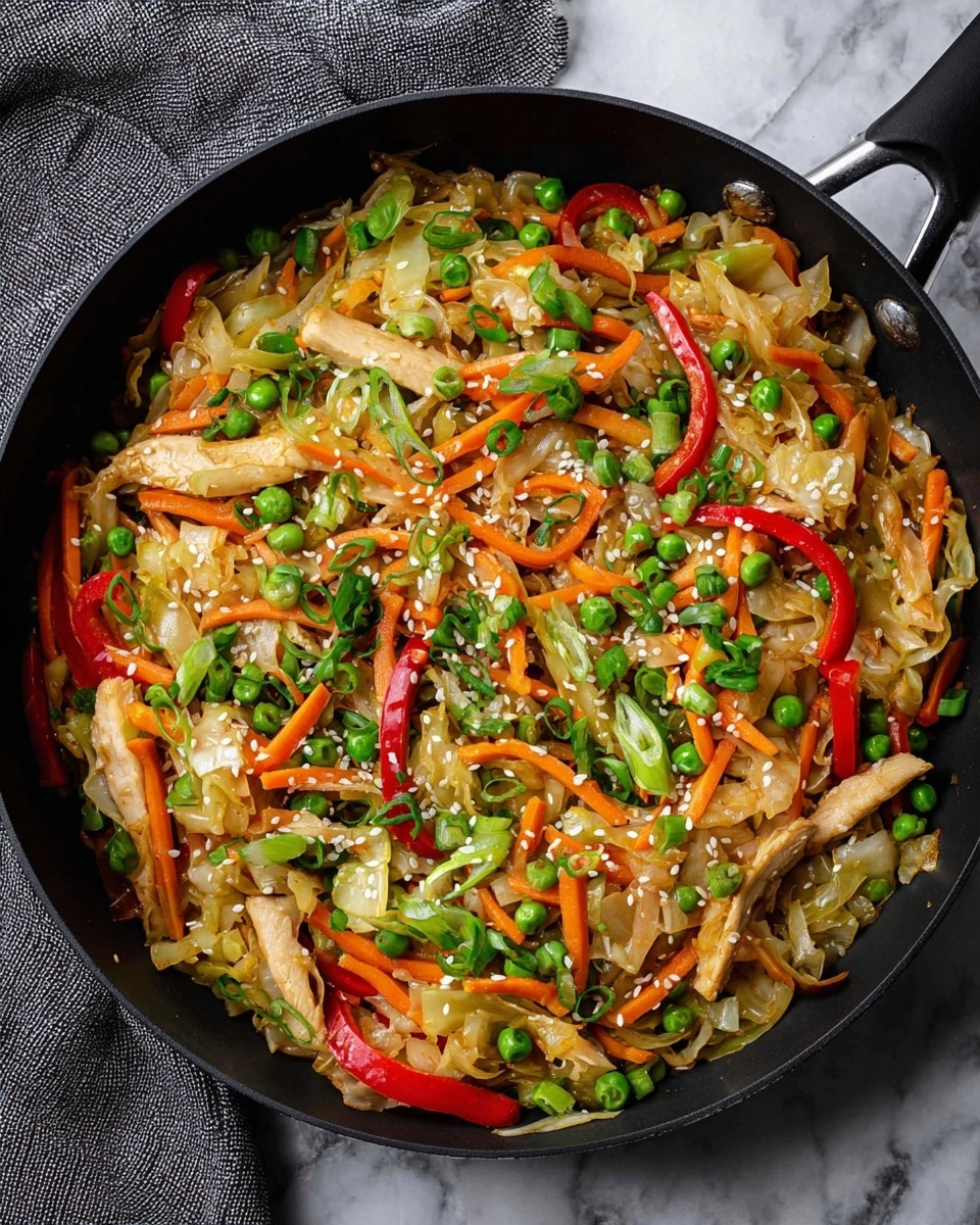 A black pan filled with a colorful stir-fry showing multiple layers: the bottom layer consists of light golden cooked cabbage and translucent cooked onion strips, above that are bright orange thin carrot strips and vibrant red bell pepper slices, scattered among them are small green peas and small chunks of light tan cooked chicken. The dish is topped with sprinkled white sesame seeds and chopped green onion pieces. The pan is set on a white marbled surface with a gray cloth partially visible in the top corner. Photo taken with an iphone --ar 4:5 --v 7